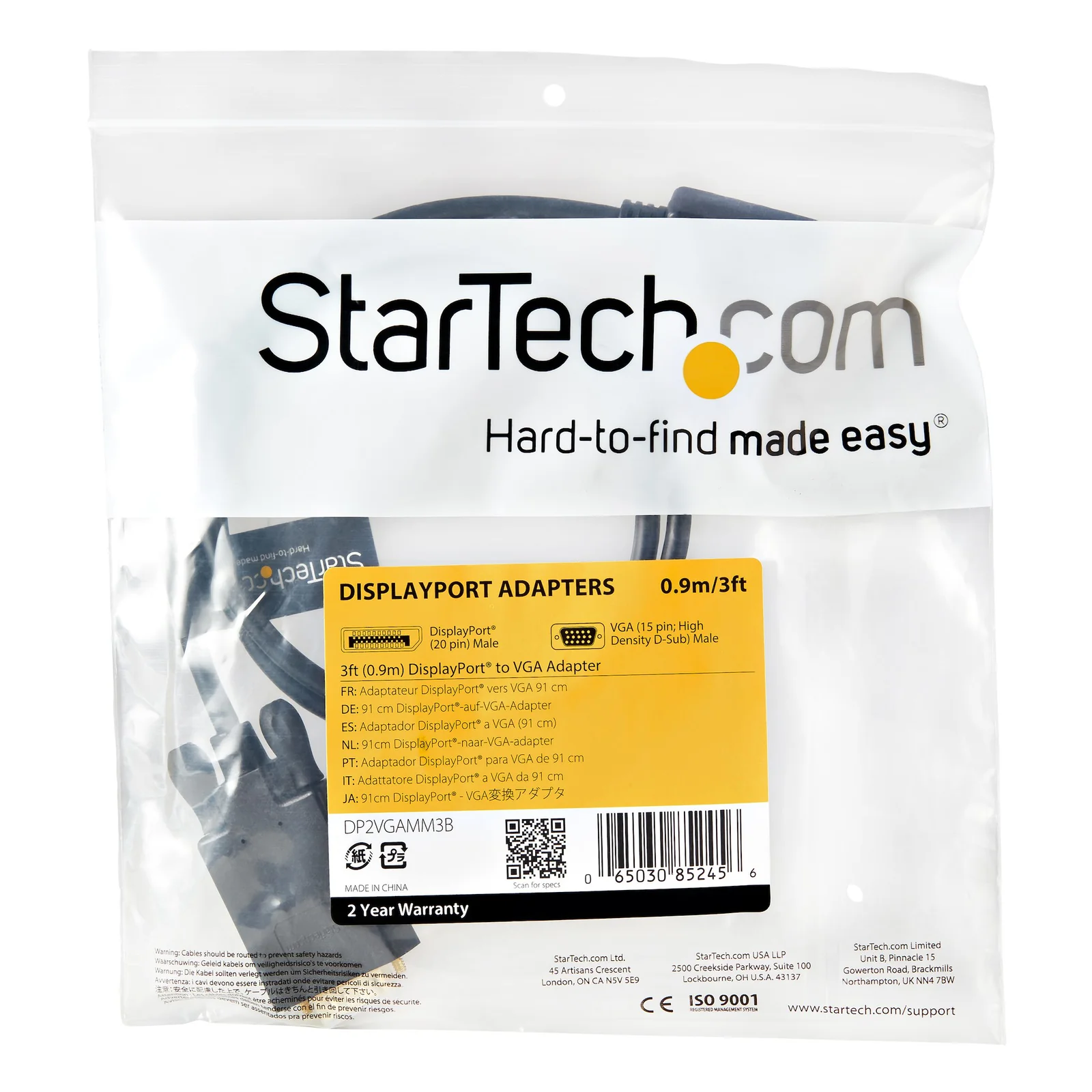 Emballage plastique transparent StarTech.com avec étiquette DP2VGAMM3B et mention garantie 2 ans