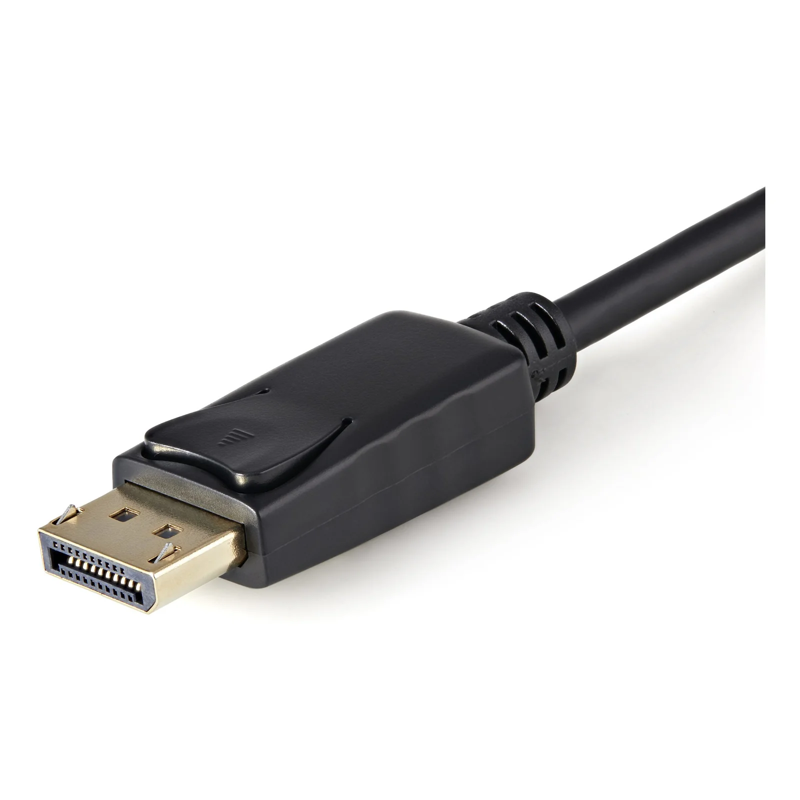 Gros plan connecteur DisplayPort mâle noir avec verrou de retenue et broches dorées