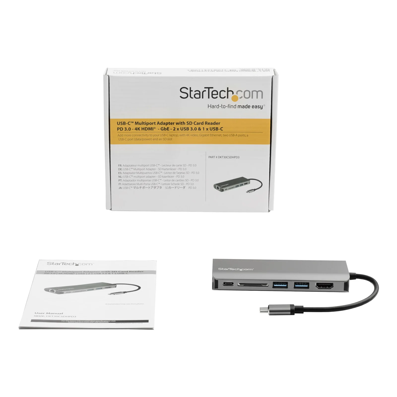 StarTech.com Adaptateur Multiport USB-C - Mini Dock USB-C avec HDMI 4K, 3x USB 3.0 Hub, SD/SDHC, GbE, 60W PD 3.0 Pass-Through - Station d'Accueil USB-C pour PC Portable Type-C/Thunderbolt 3