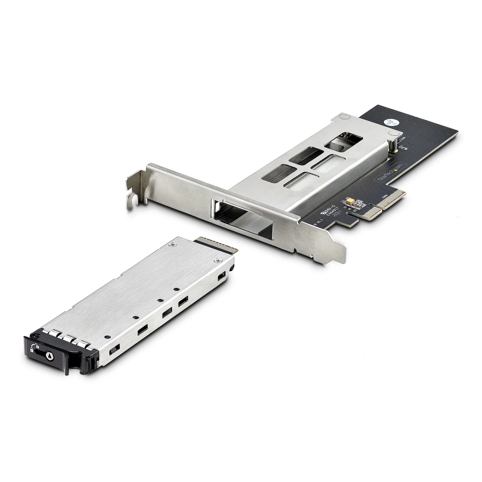 StarTech.com Adaptateur SSD M.2 NVMe vers PCIe x4 avec Plateau Amovible pour Slot d'Extension PCI Express, Carte Adaptateur PCIe, Installation Sans Outil, Baie de Disque Hot-Swap PCIe 4.0/3.0, Verrouillage par Clé