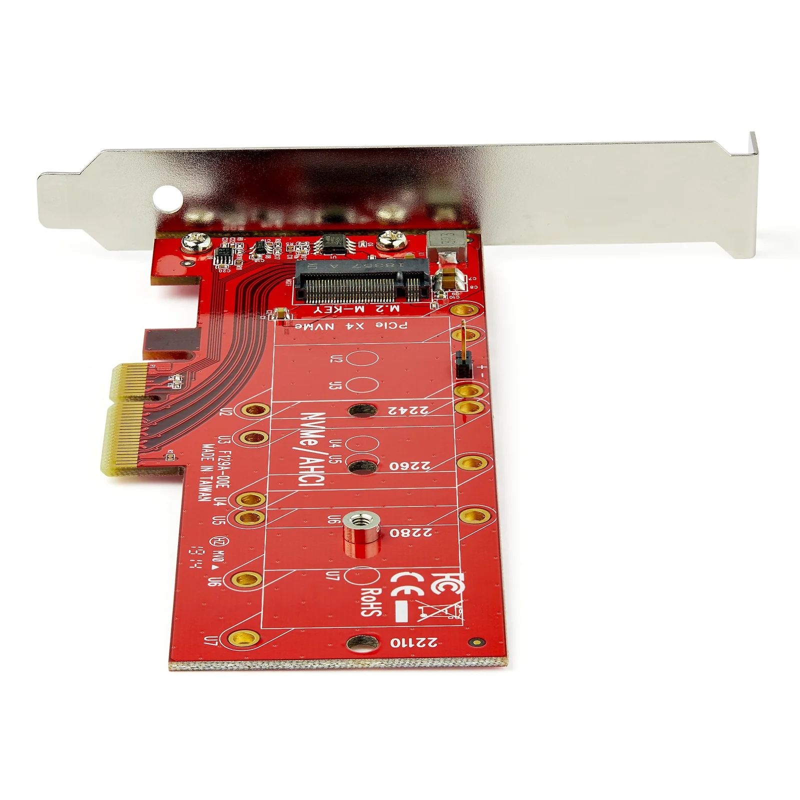 Vue de face de la carte rouge avec slot M.2 et repères de tailles 2242, 2260, 2280, 2110 sérigraphiés