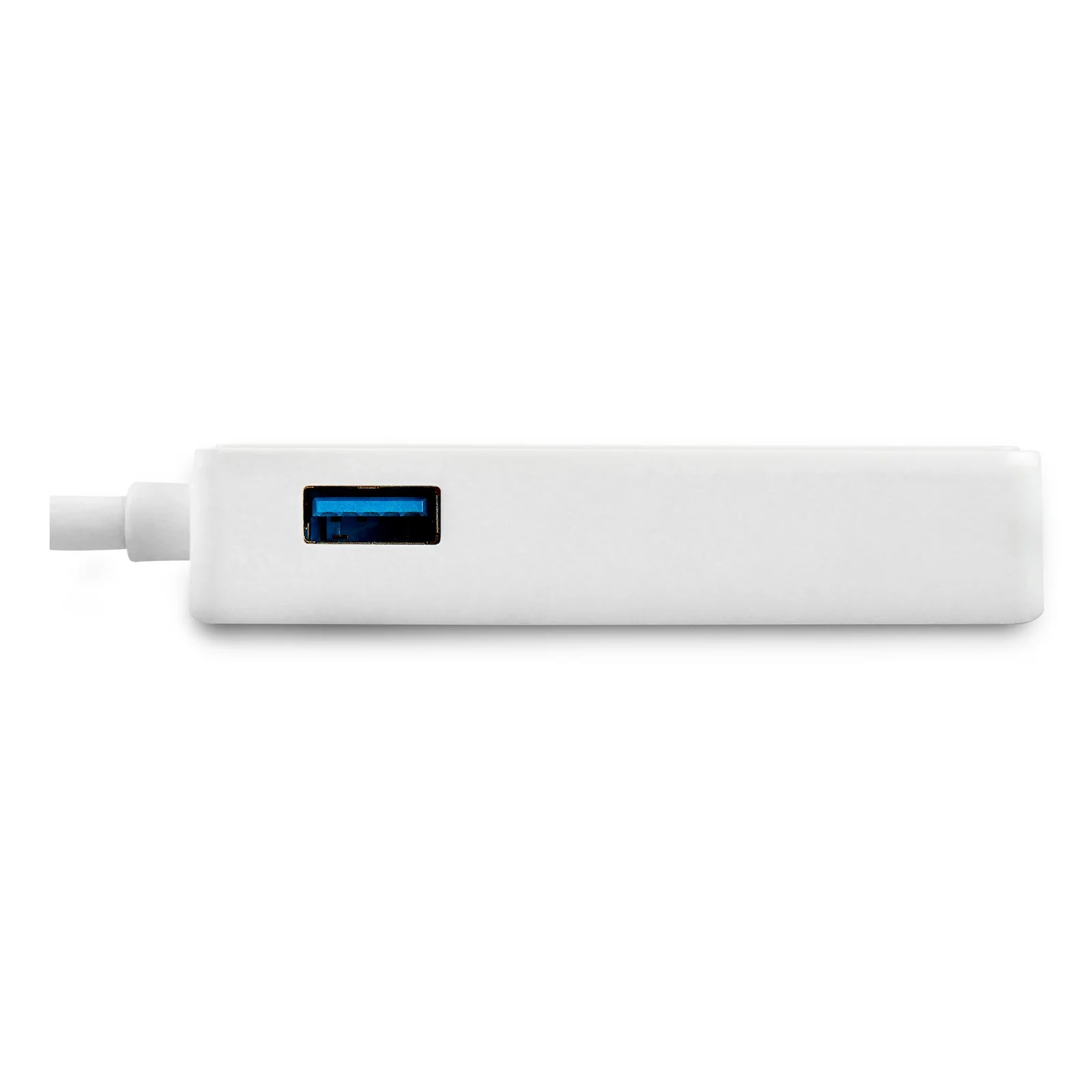 Vue de profil supérieur de l'adaptateur blanc montrant le port USB 3.0 pass-through à languette bleue