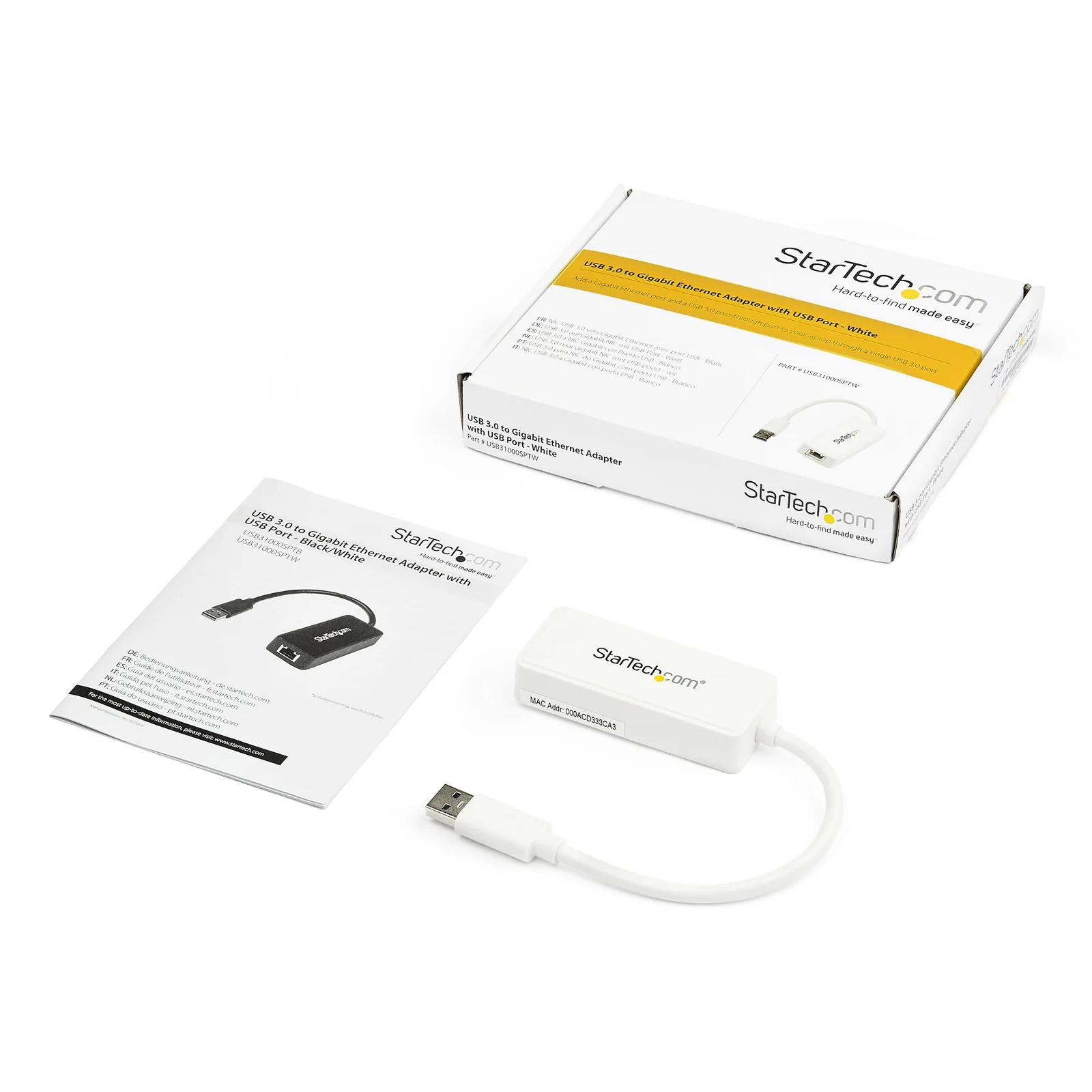 Contenu de la boîte avec adaptateur blanc, guide d'installation multilingue et emballage