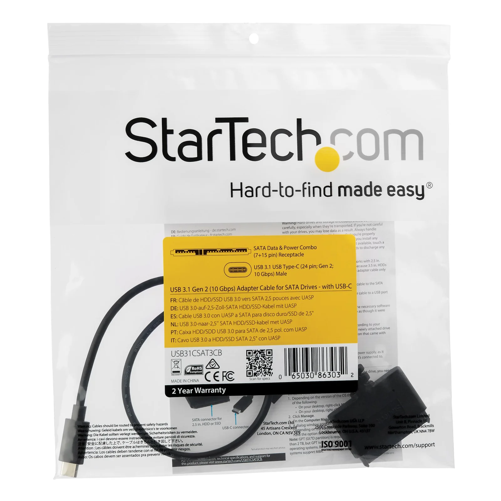StarTech.com Adaptateur USB 3.1 (10 Gb/s) pour disque dur SATA III de 2,5" avec USB-C et UASP