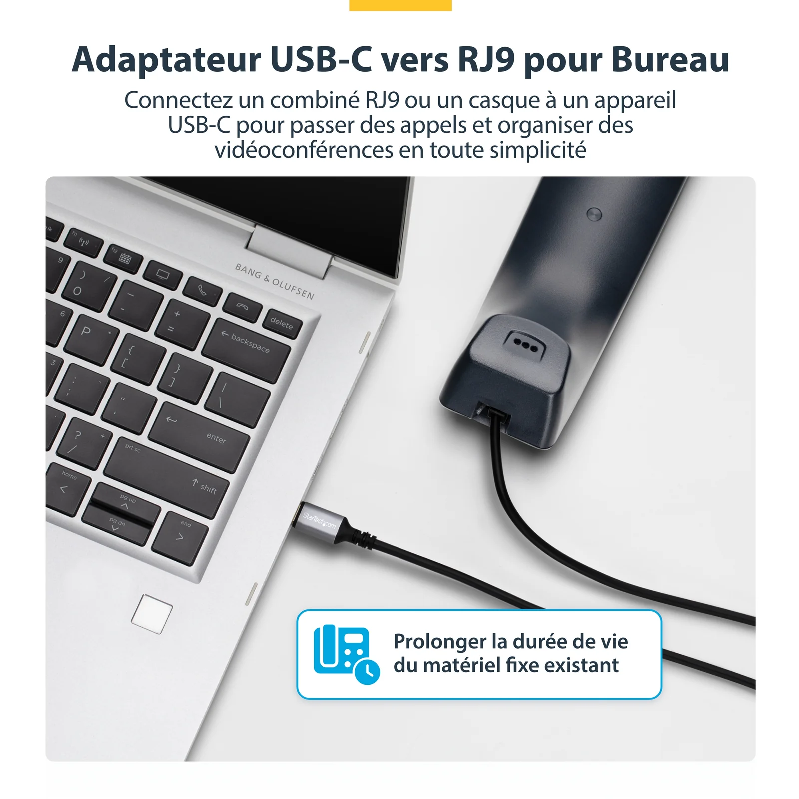 StarTech.com Adaptateur USB-C vers RJ9 pour Combiné Téléphonique de Bureau ou Casque Filaire/Sans Fil, Utilise le Matériel Fixe Existant, 1,8m, pour Ordinateur Portable/de Bureau/Mobile