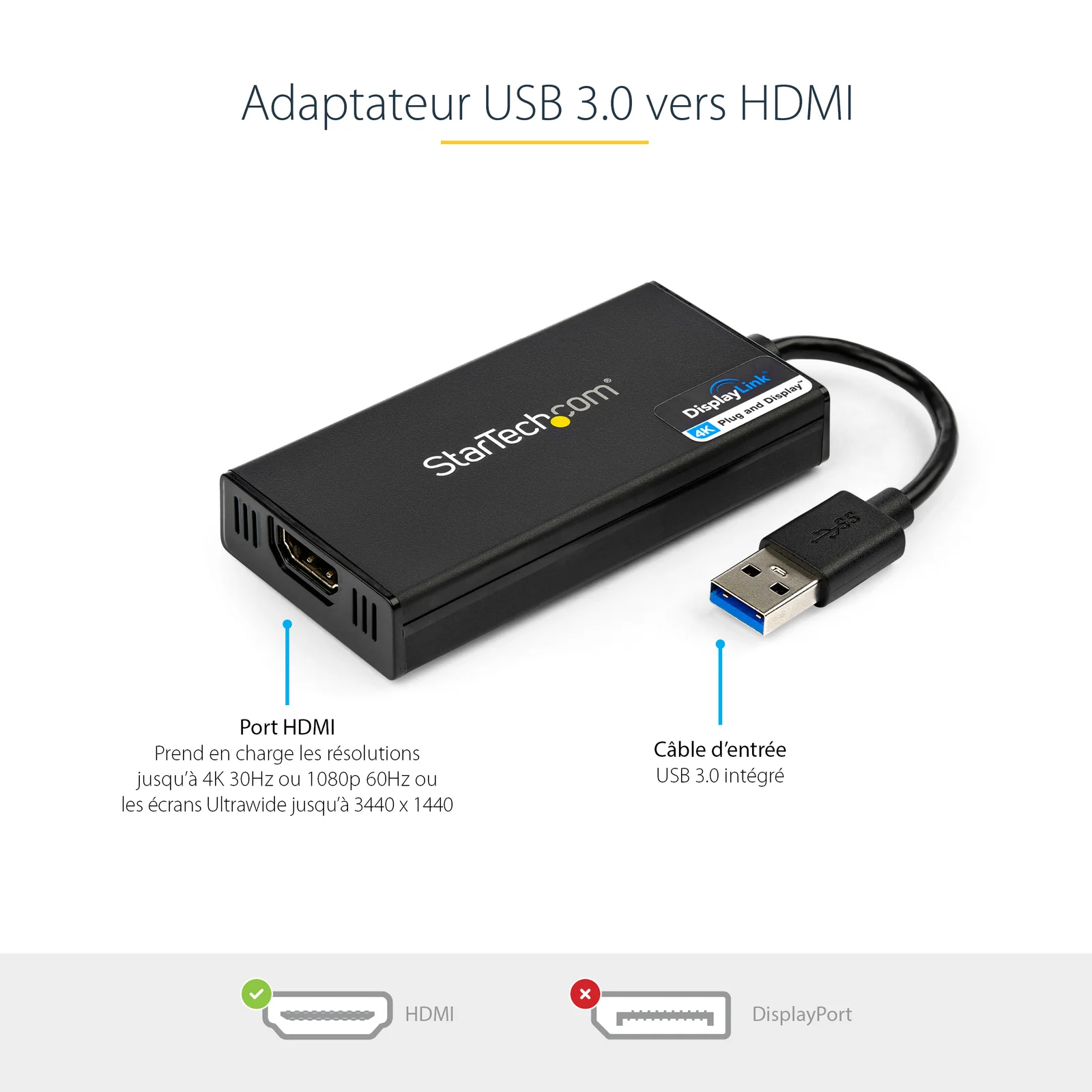 StarTech.com Adaptateur vidéo multi-écrans USB 3.0 vers HDMI - Carte graphique externe certifié DisplayLink - Ultra HD 4k