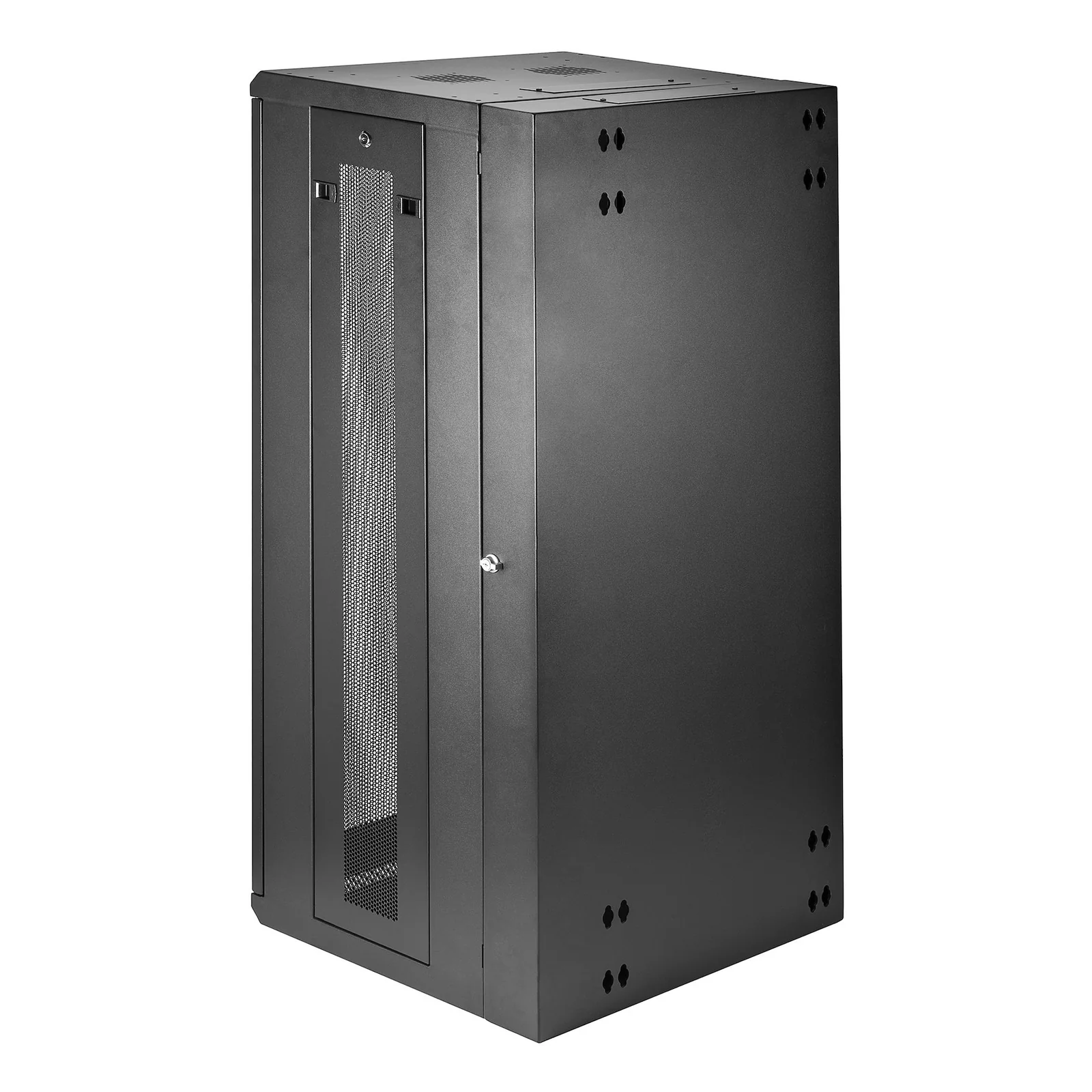 RK2620WALHM armoire 26U vue profil arrière, panneaux latéraux et trous de fixation murale