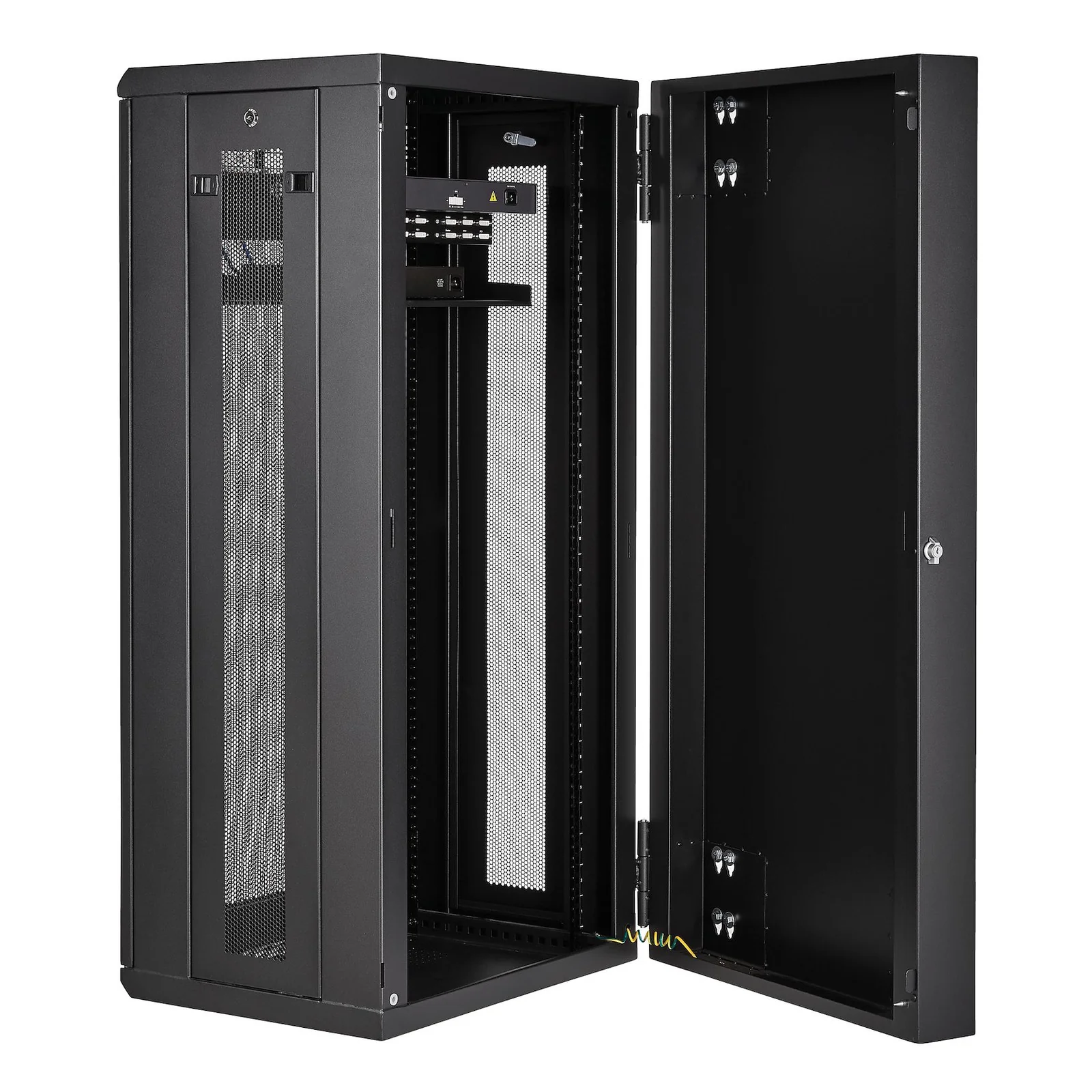 Intérieur armoire 26U StarTech.com, panneau latéral ouvert, rails 4 montants et porte arrière