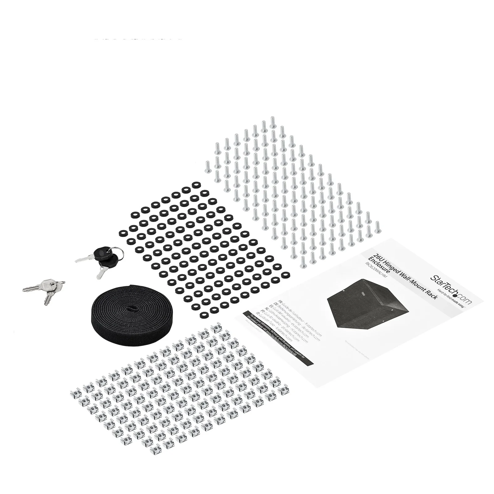 Accessoires livrés avec l'armoire 26U StarTech.com, visserie, cage nuts, velcro et clés