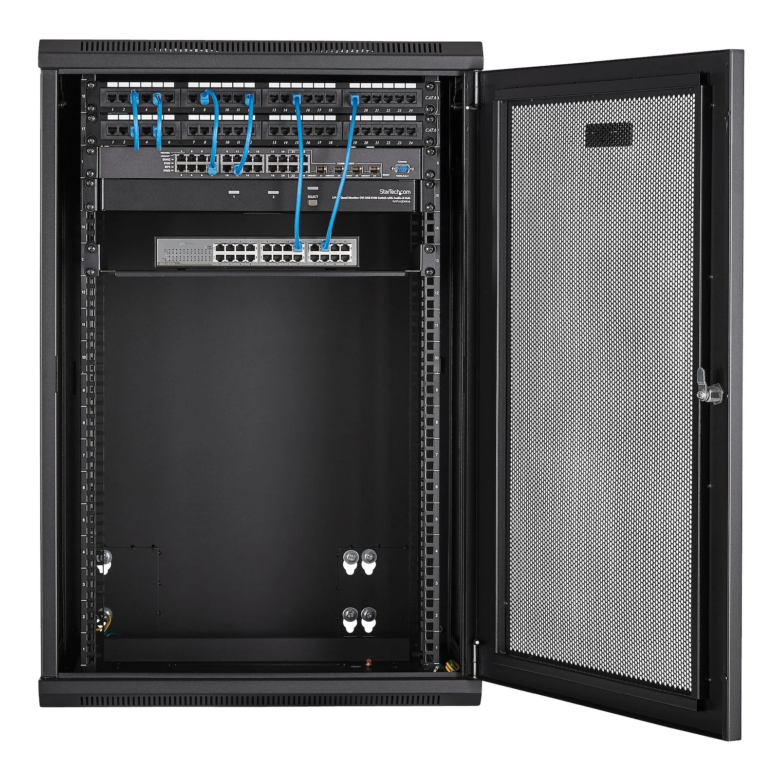 StarTech.com Armoire Réseau Murale à 4 Montants 18U avec Étagère 1U, Armoire Serveur Murale 19" à Charnières pour Équipement IT/AV/Électronique/Ordinateur, Armoire Rack Ventilée Flexible