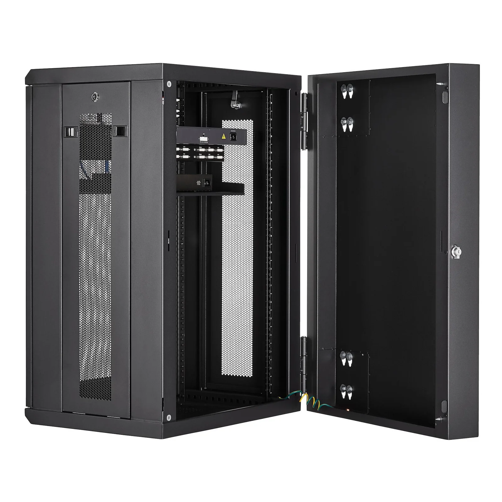 StarTech.com Armoire Réseau Murale à 4 Montants 18U avec Étagère 1U, Armoire Serveur Murale 19" à Charnières pour Équipement IT/AV/Électronique/Ordinateur, Armoire Rack Ventilée Flexible