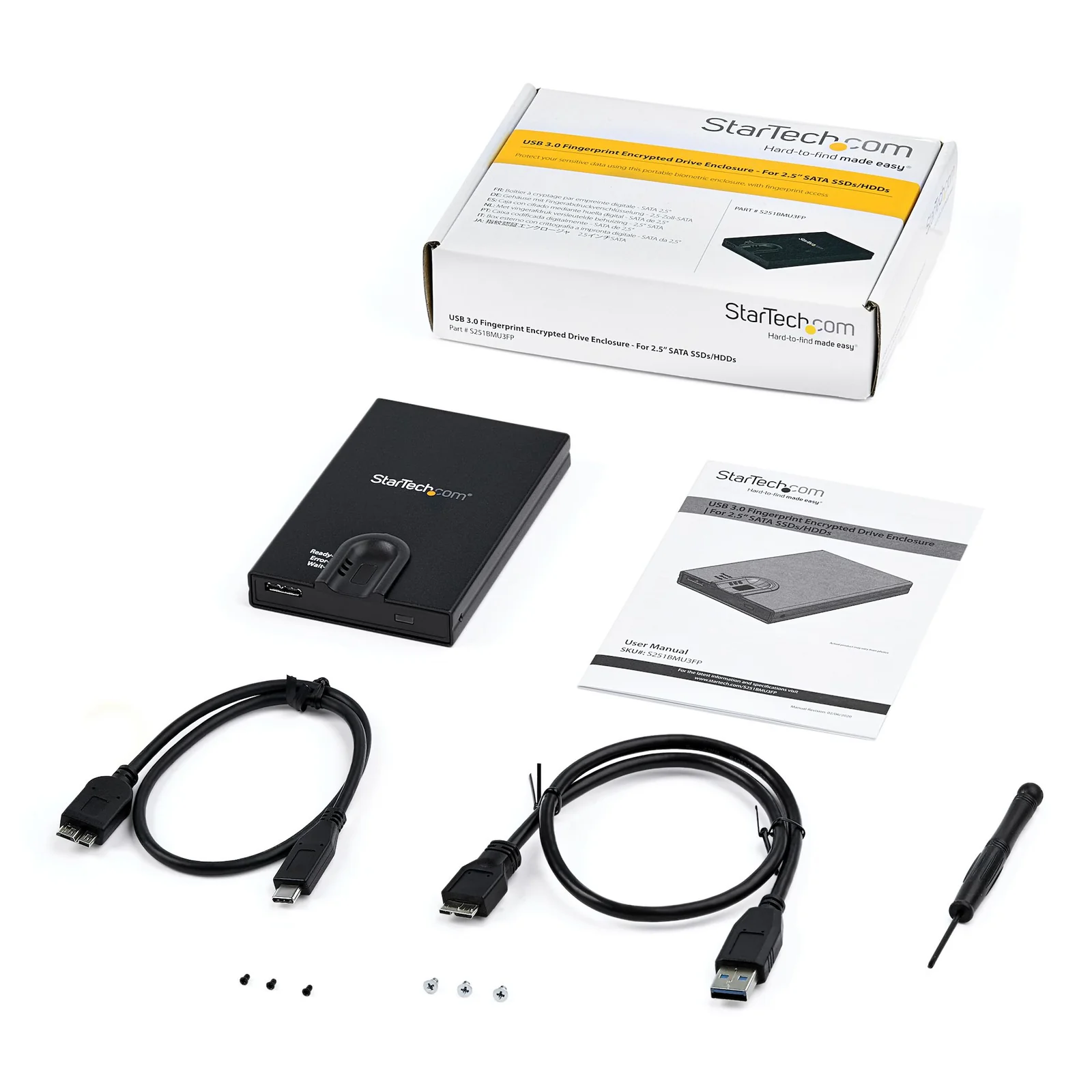 Contenu de la boîte incluant le boîtier, deux câbles USB, vis, tournevis et manuel utilisateur