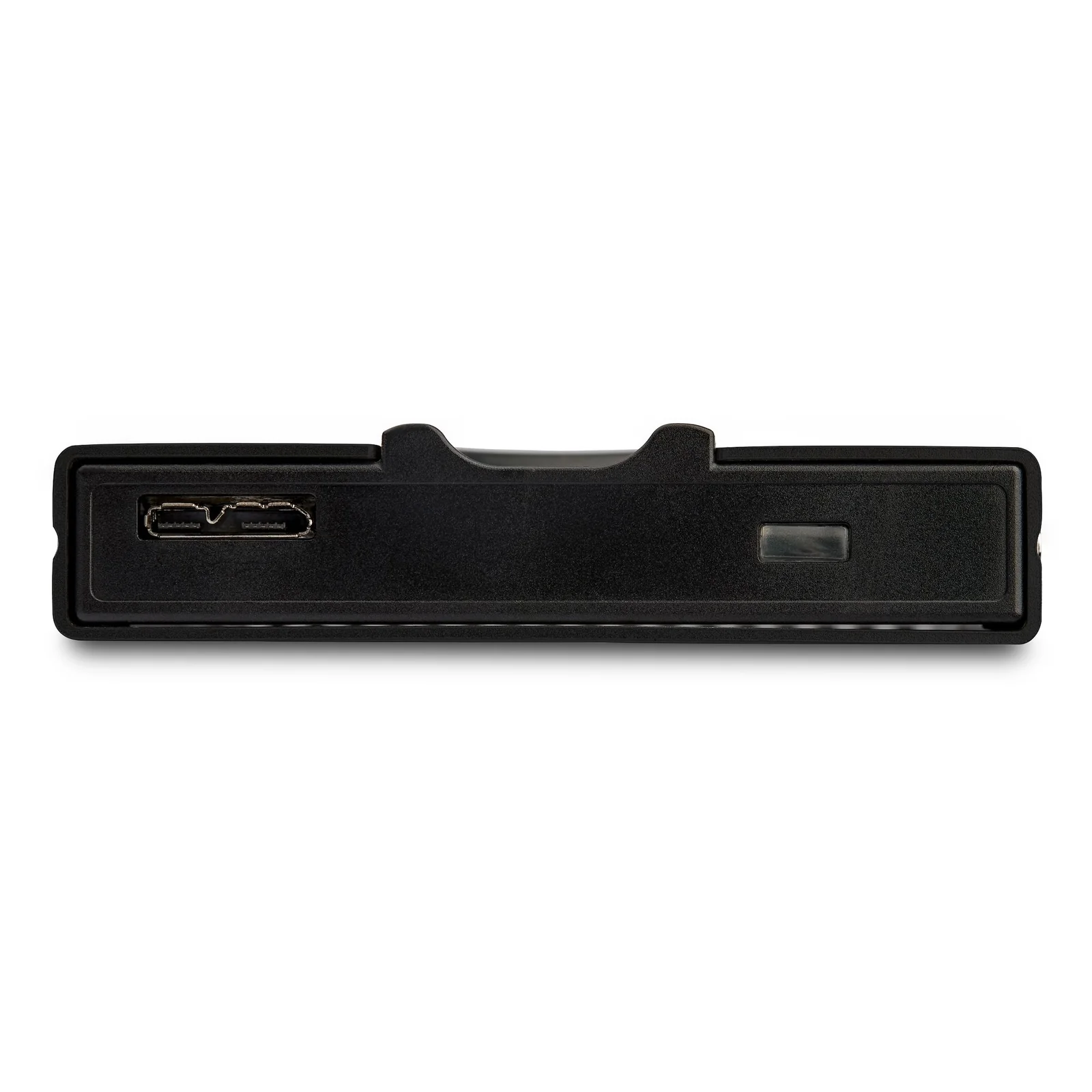 Tranche du boîtier vue de face, avec deux ports micro-USB et un témoin lumineux rectangulaire