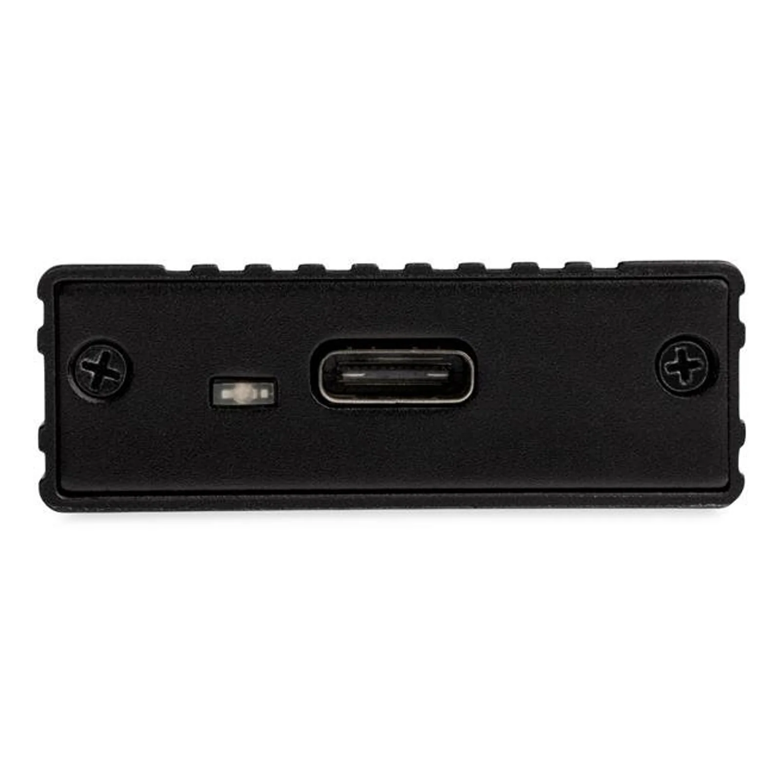 Tranche du boîtier externe M.2 vue de face, montrant le port USB-C central et une LED indicateur entre deux vis cruciformes