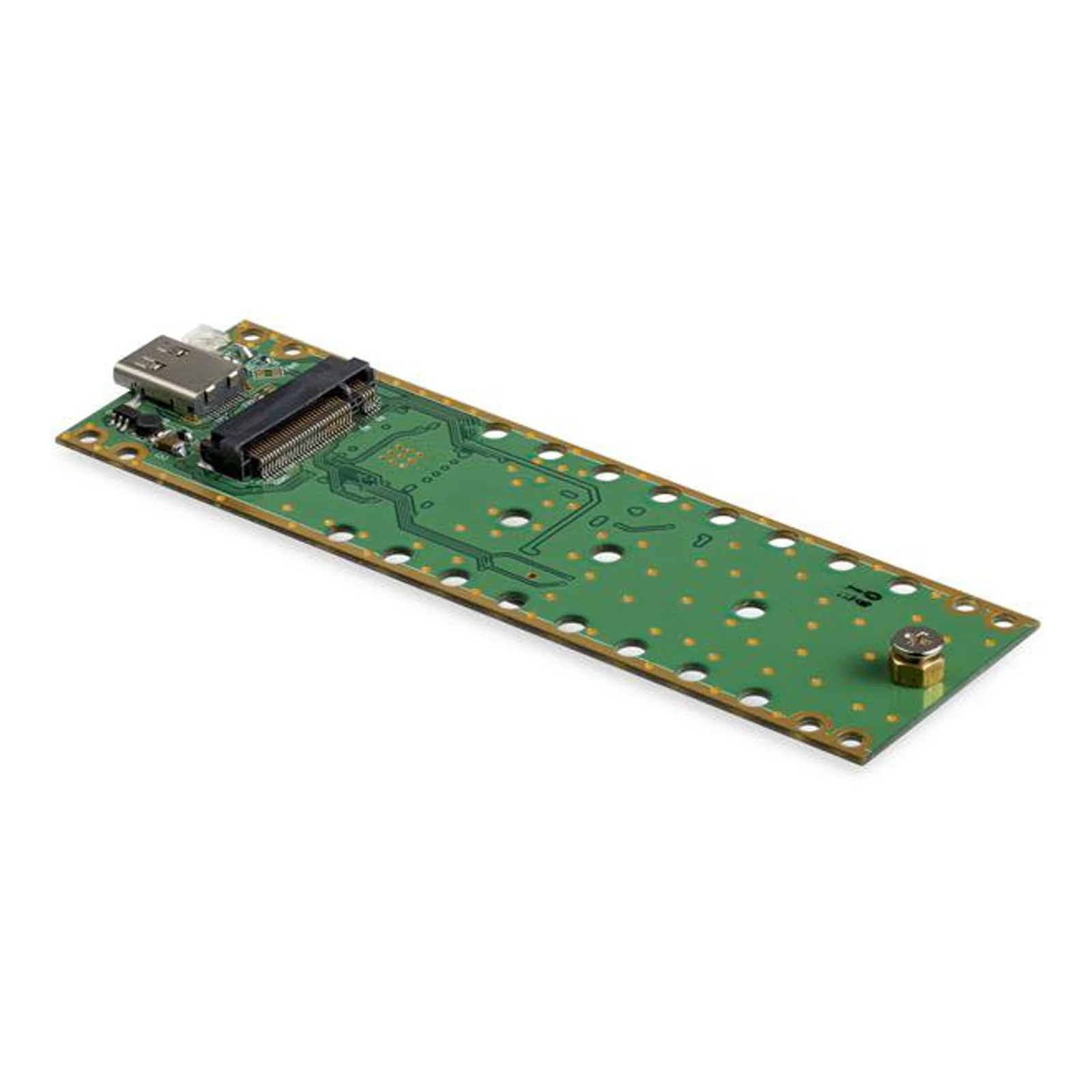 Carte électronique interne du boîtier M.2 vue en oblique, avec connecteur M.2, port USB-C et vis de fixation sur circuit vert