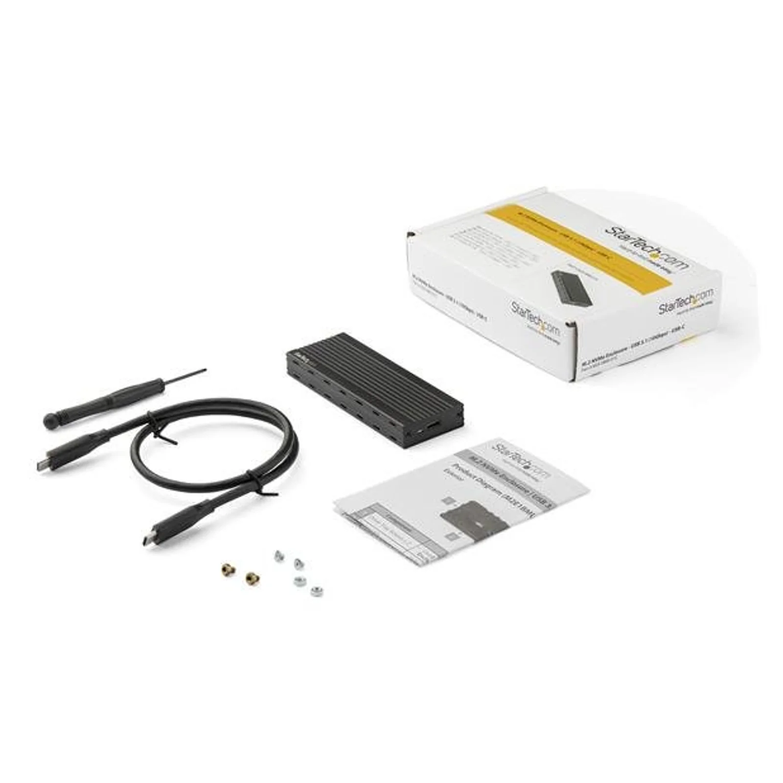 Contenu de la boîte déposé sur fond blanc, comprenant le boîtier, câble USB-C, tournevis, vis de fixation, notice et emballage