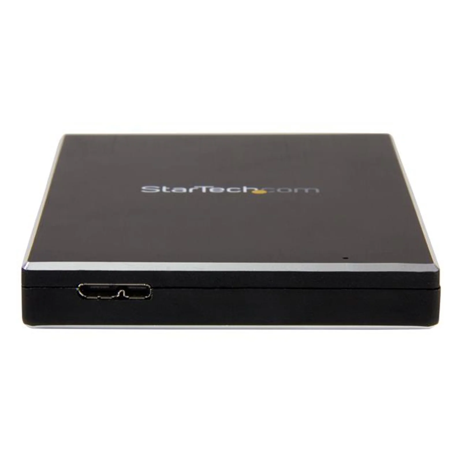 Vue de face de la tranche inférieure du boîtier noir montrant le port USB-C centré, avec indicateur LED discret sur le dessus