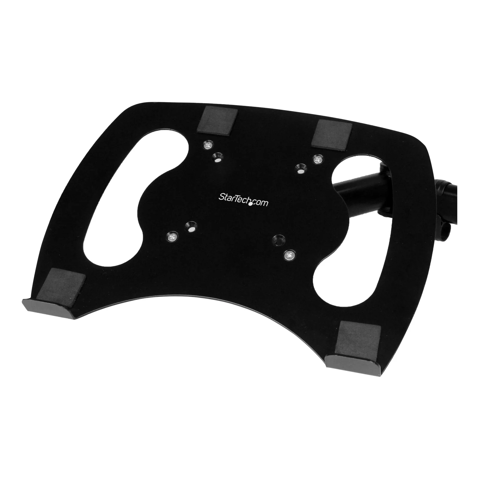 Plateau support ordinateur portable noir ajouré avec quatre patins antidérapants et fixation centrale sur colonne, vue en angle