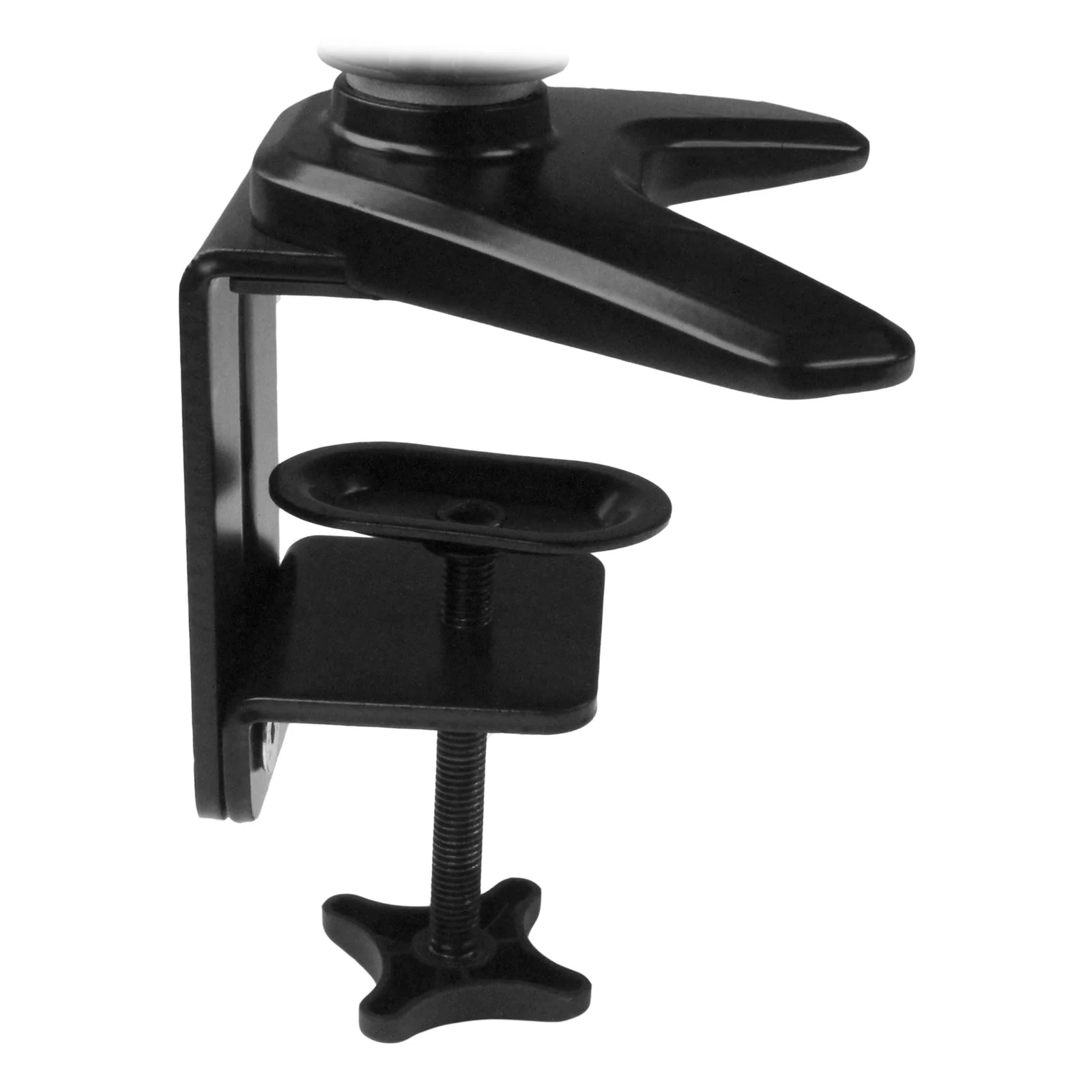 Pince de fixation de bureau noire avec vis moletée en étoile et tige fileté, permettant l'installation du bras sans perçage