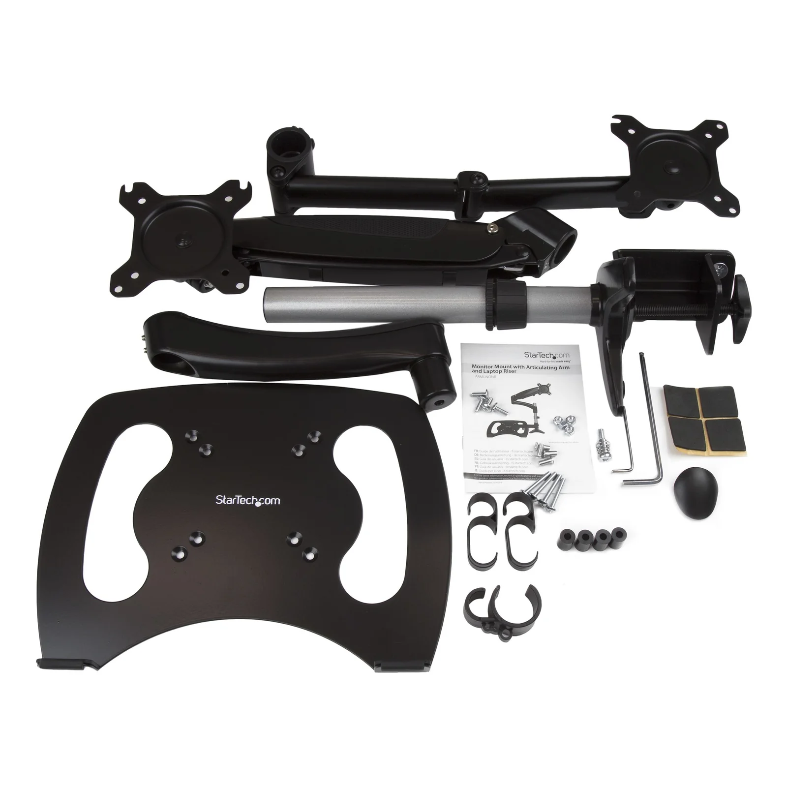 Contenu du carton déballé à plat, plateau laptop, bras articulé, colonne, pince de bureau, visserie, guide d'installation et accessoires de montage