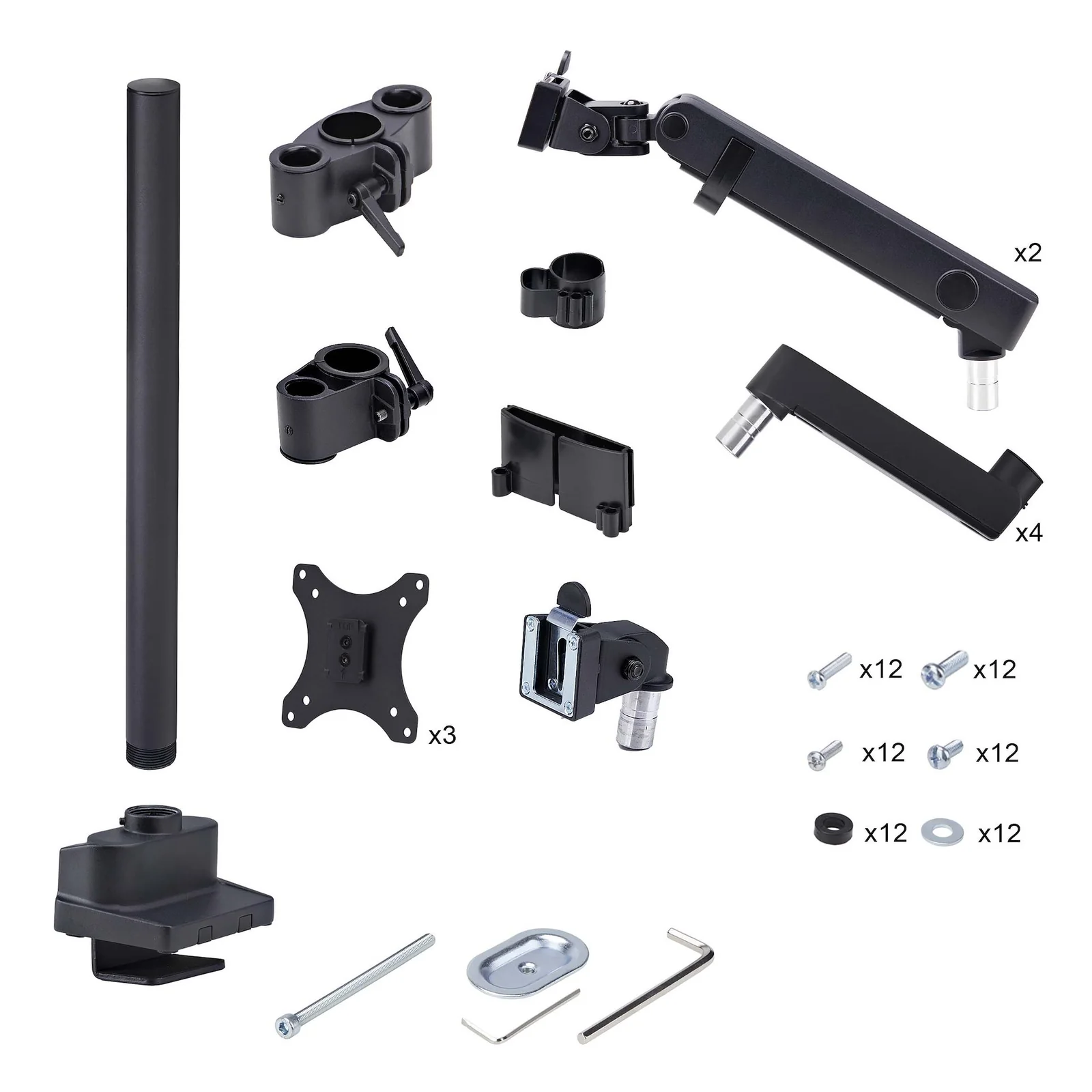 Tous les composants inclus avec le support triple moniteur StarTech.com étalés sur fond blanc, pôle, bras, plaques VESA, pince, visserie et clés hexagonales.
