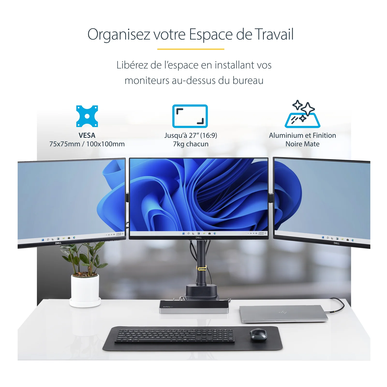 Infographie présentant les points clés du support. Compatibilité VESA 75x75/100x100 mm, écrans jusqu'à 27 pouces pesant jusqu'à 7 kg chacun, finition aluminium noir mat.