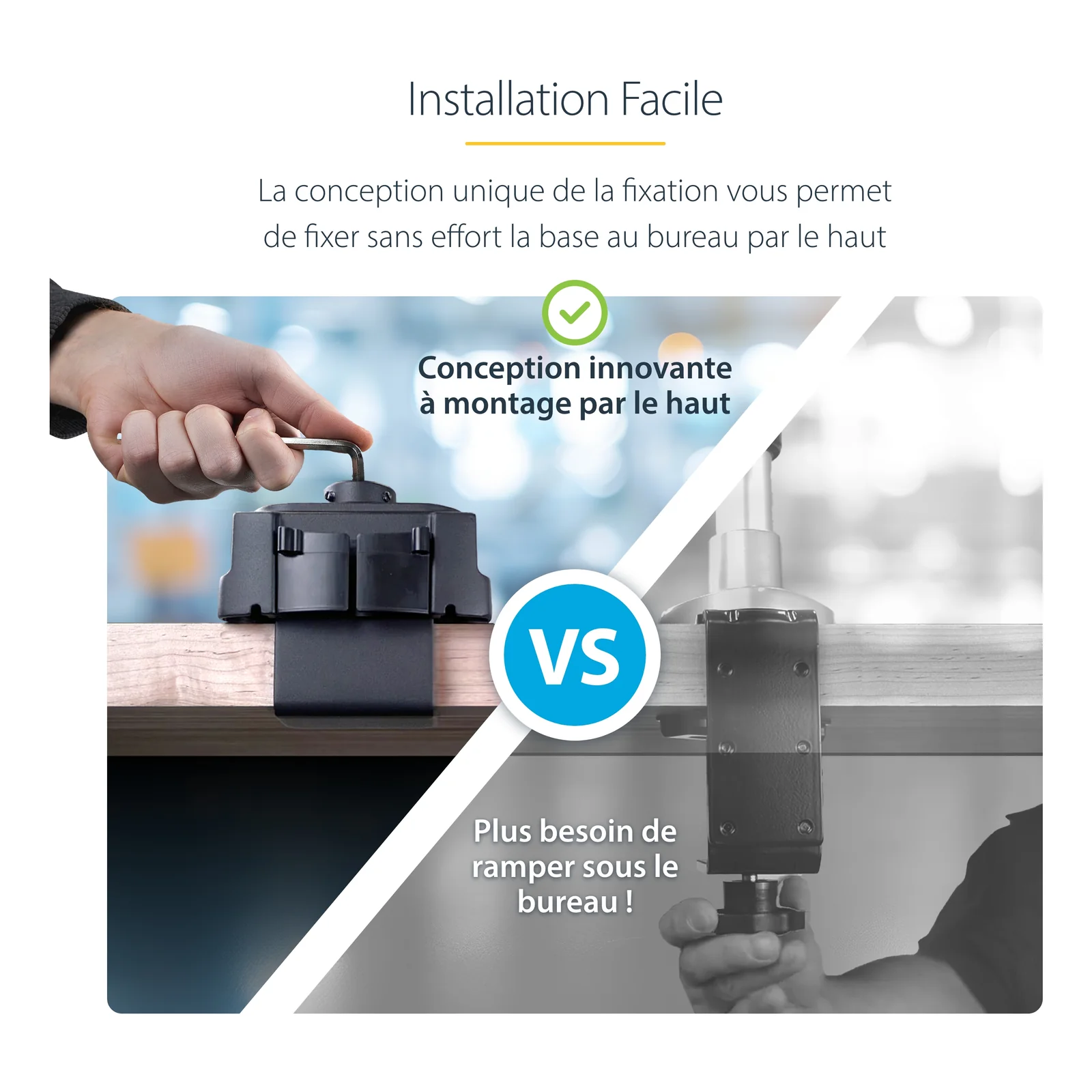 Infographie Installation Facile comparant la fixation innovante par le haut sans ramper sous le bureau avec la méthode classique nécessitant une intervention en dessous.