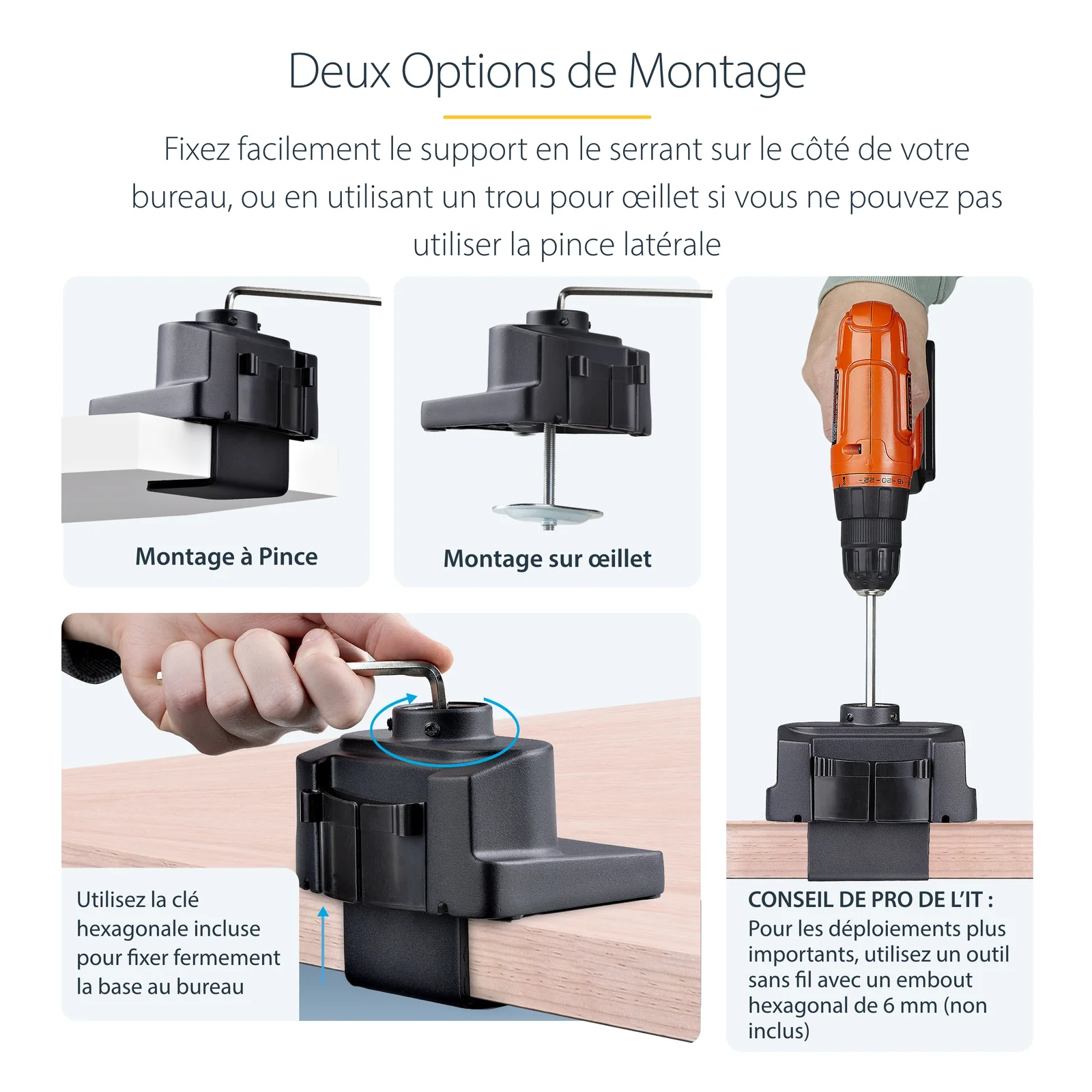 Infographie Deux Options de Montage illustrant les fixations par pince latérale et par passe-fil, avec conseils pour l'utilisation de la clé hexagonale fournie.