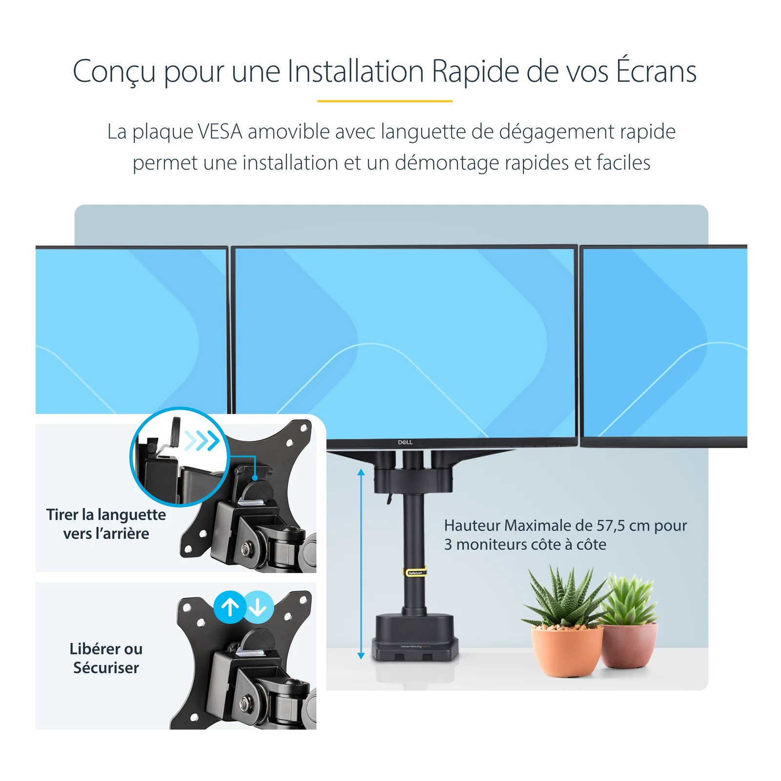 Infographie montrant le mécanisme de plaque VESA à dégagement rapide et la hauteur maximale de 57,5 cm pour 3 moniteurs installés côte à côte.