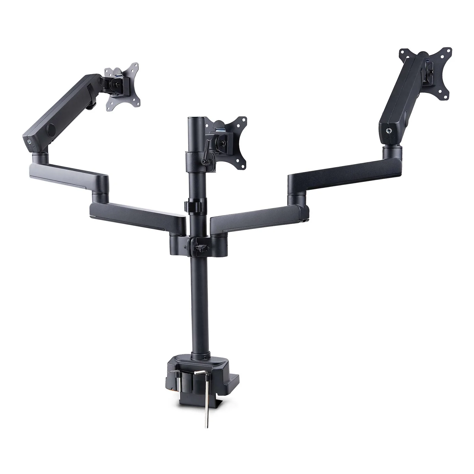 Vue alternative du support triple moniteur StarTech.com, bras articulés en position ouverte, base à pince visible avec boulon de passe-fil au bas de la colonne.