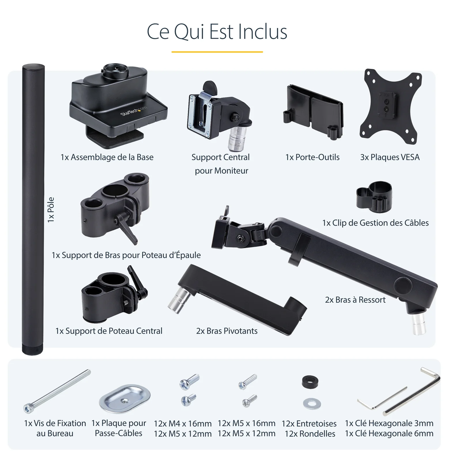 Infographie listant tout le contenu de la boîte du support triple moniteur StarTech.com avec légendes en français pour chaque composant.