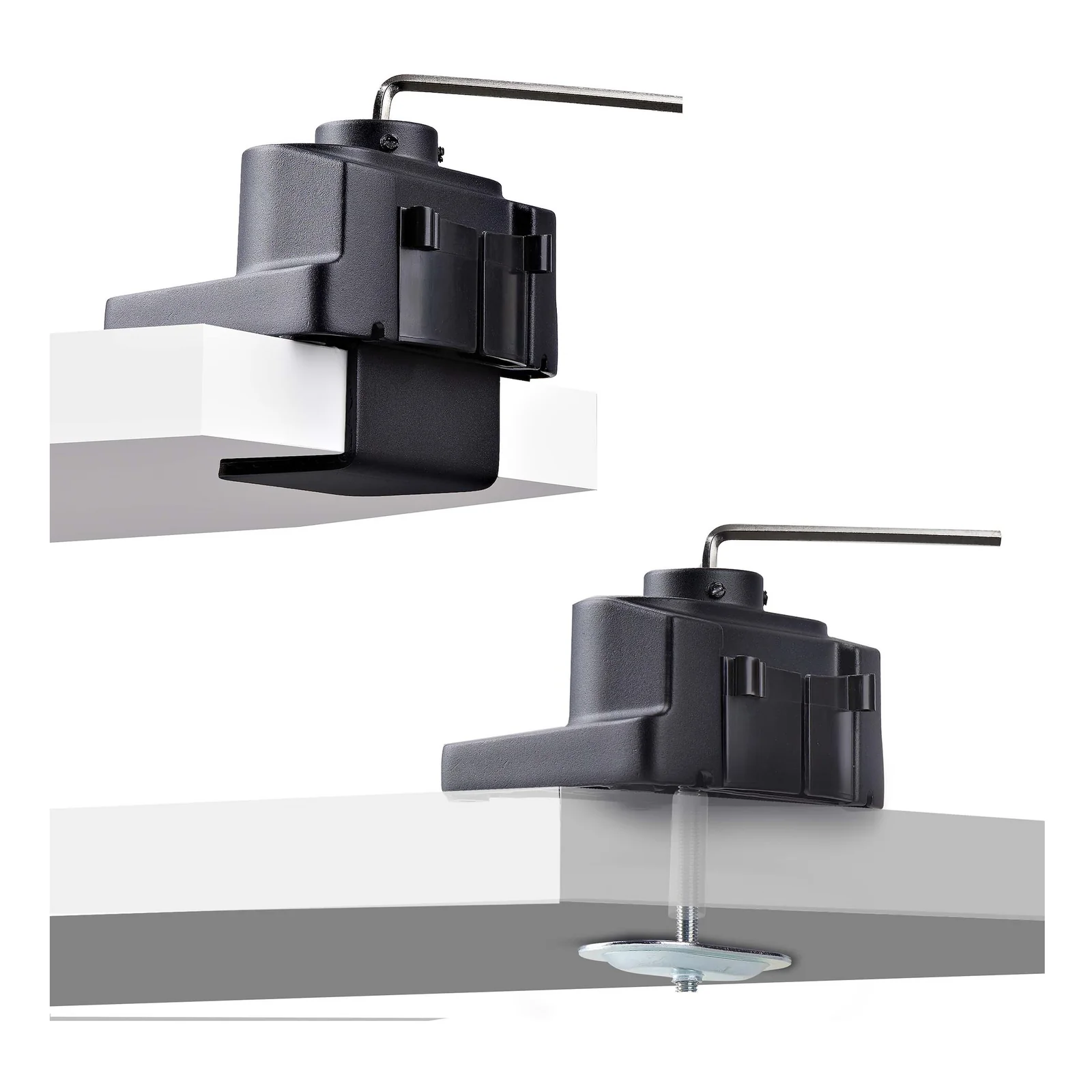 Vue comparative des 2 modes de fixation de la base, la pince latérale sur le bord du bureau en haut et le passe-fil traversant le plateau avec boulon dessous en bas.