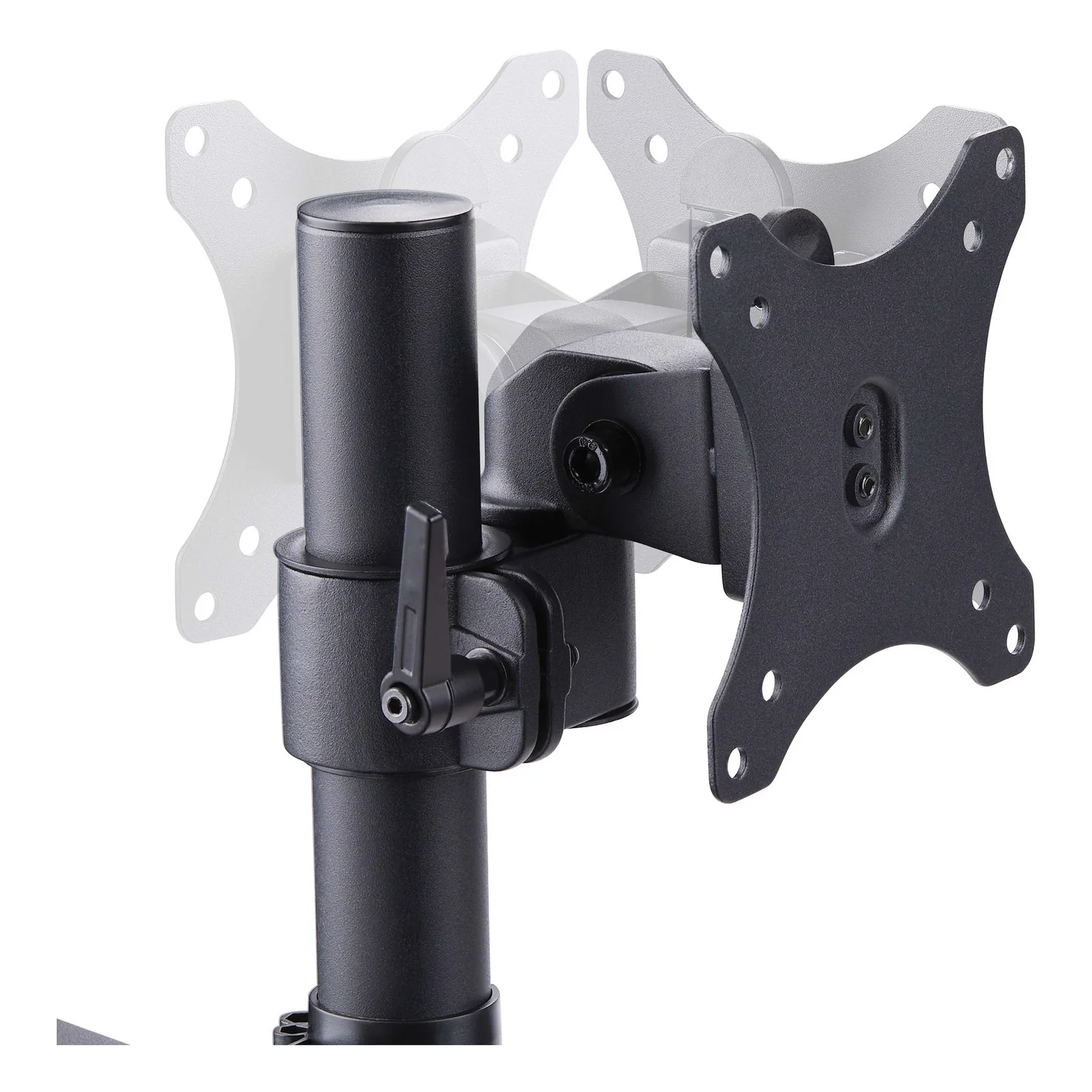 Gros plan sur la tête VESA du bras StarTech.com montrant la plaque de fixation 4 trous avec mécanisme de dégagement rapide et joint de pivotement.