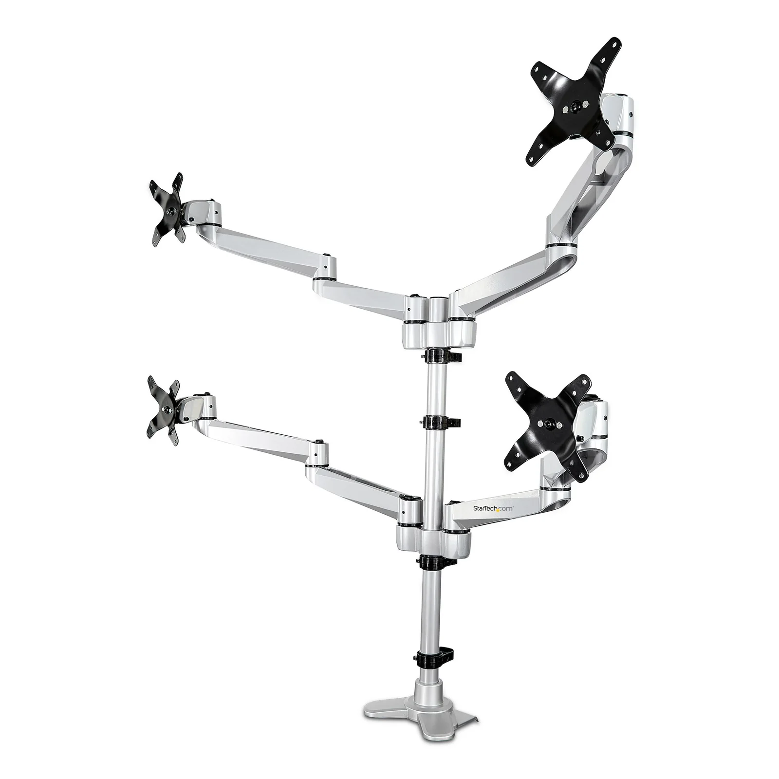 Bras de Support de Bureau pour Quatre Moniteurs - Support sur Mât Articulé/Réglable en Hauteur pour Écrans VESA 4 2x2 Jusqu'à 30"(11,2kg) - Inclinaison/Pivotement/Rotation - Pince en C/Anneau - Argent