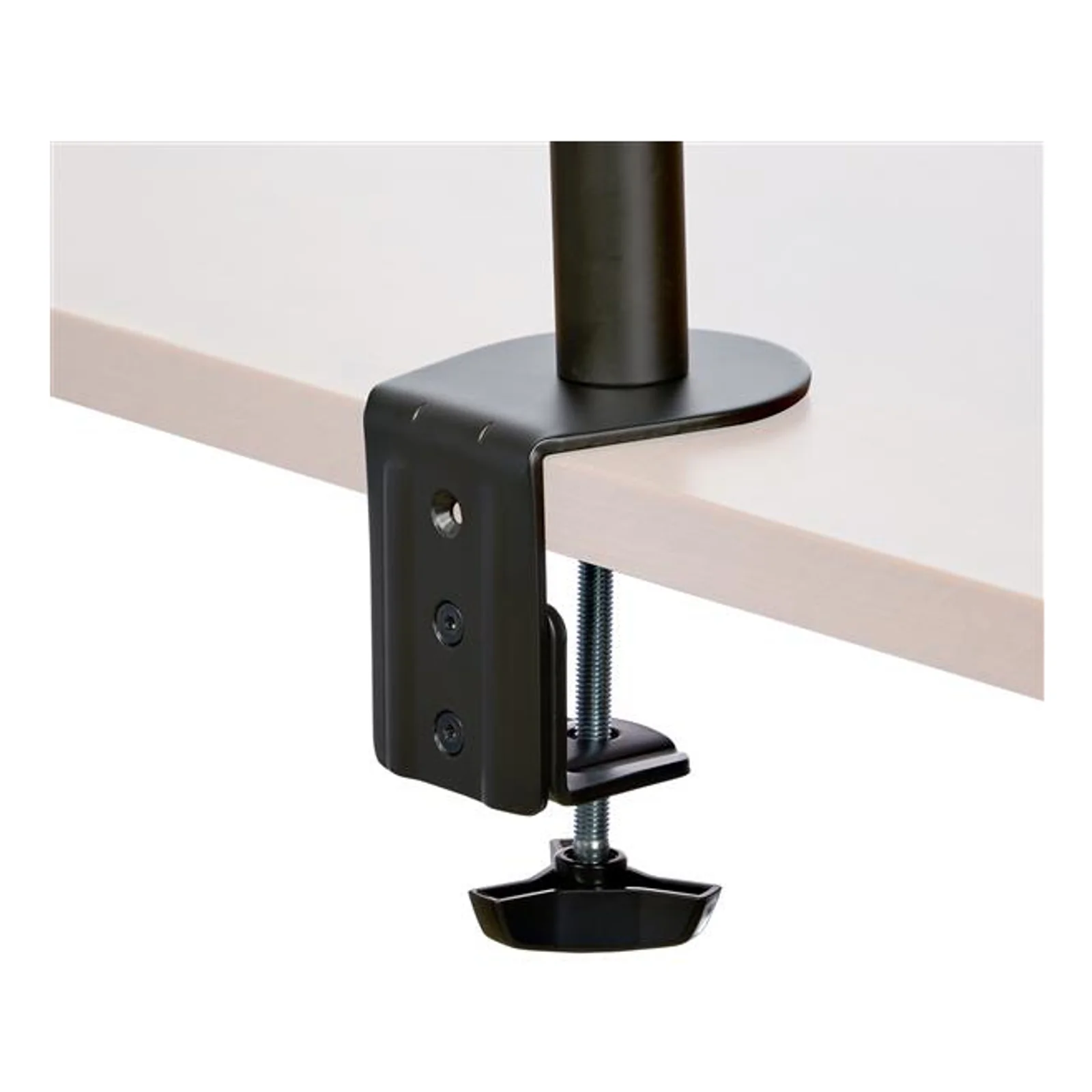 Gros plan sur le serre-joint noir en C du bras de moniteur, avec tige filetée et pied d'appui vissés sous le plateau de bureau blanc