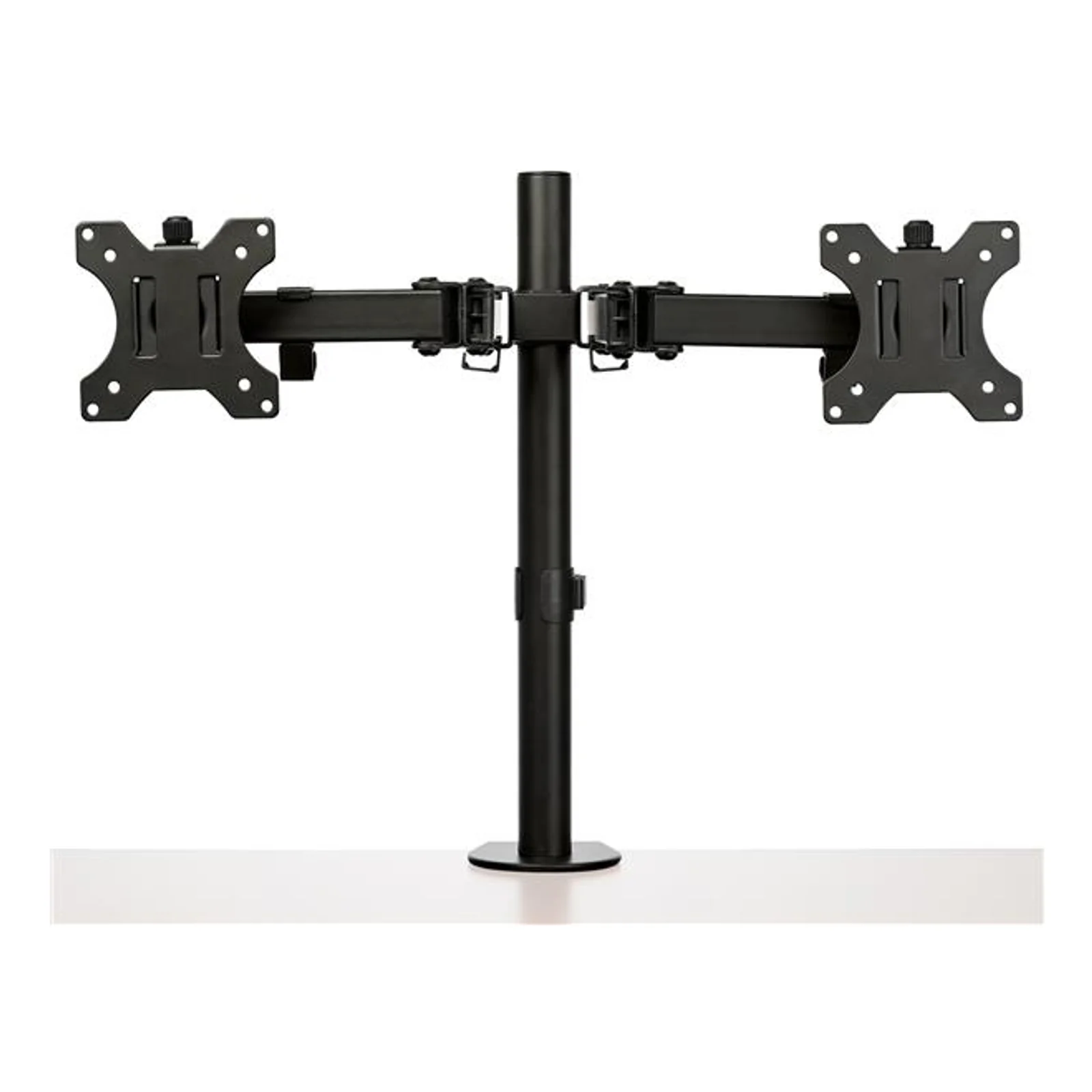 Bras double moniteur noir sur socle avec base ronde, vue frontale avec deux bras horizontaux et plaques VESA, fond blanc
