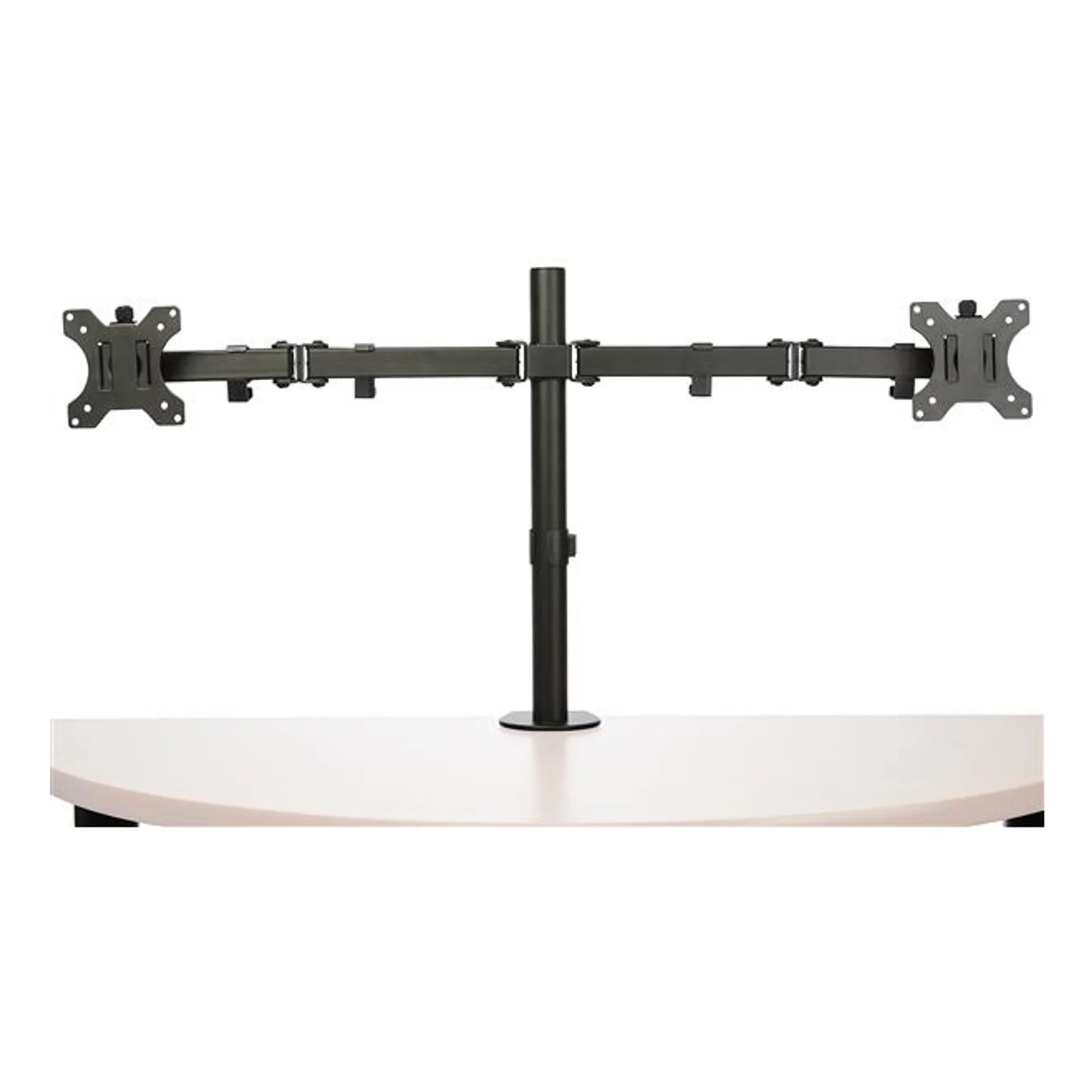 Bras double moniteur noir sur socle passant par trou de bureau, vue frontale avec bras très étendus latéralement et plaques VESA aux extrémités