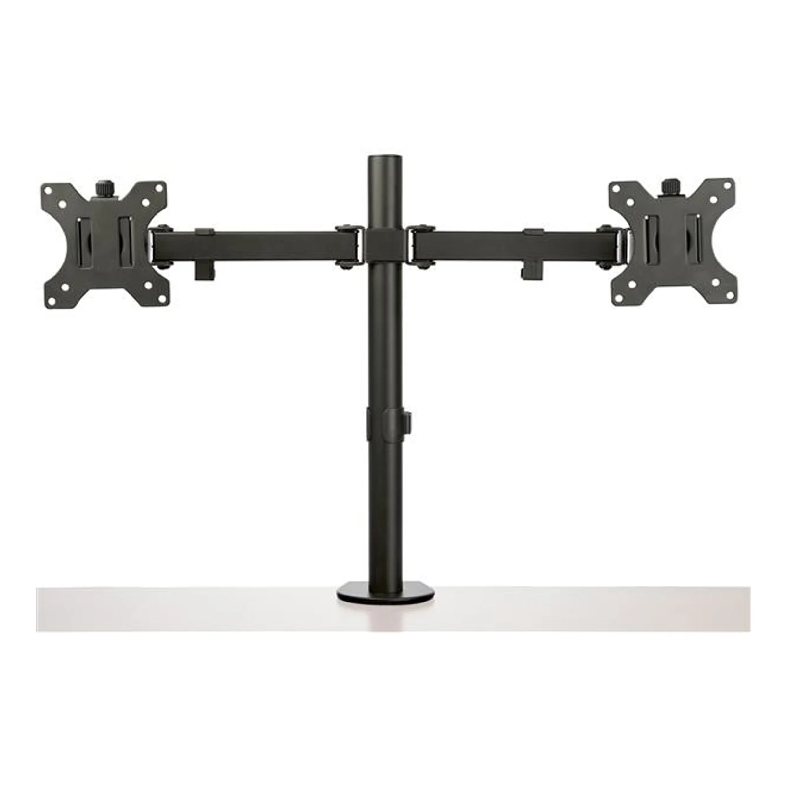 Bras double moniteur noir sur socle traversant le bureau, vue de face avec deux bras horizontaux et plaques VESA symétriques