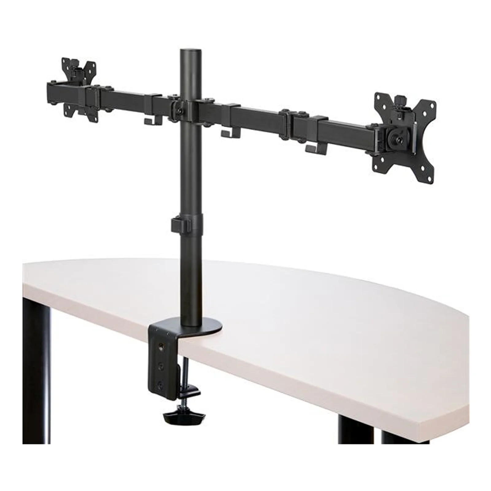 Bras double moniteur noir fixé par serre-joint en C sur coin de bureau, bras horizontaux symétriques avec deux plaques VESA, vue de face légèrement inclinée