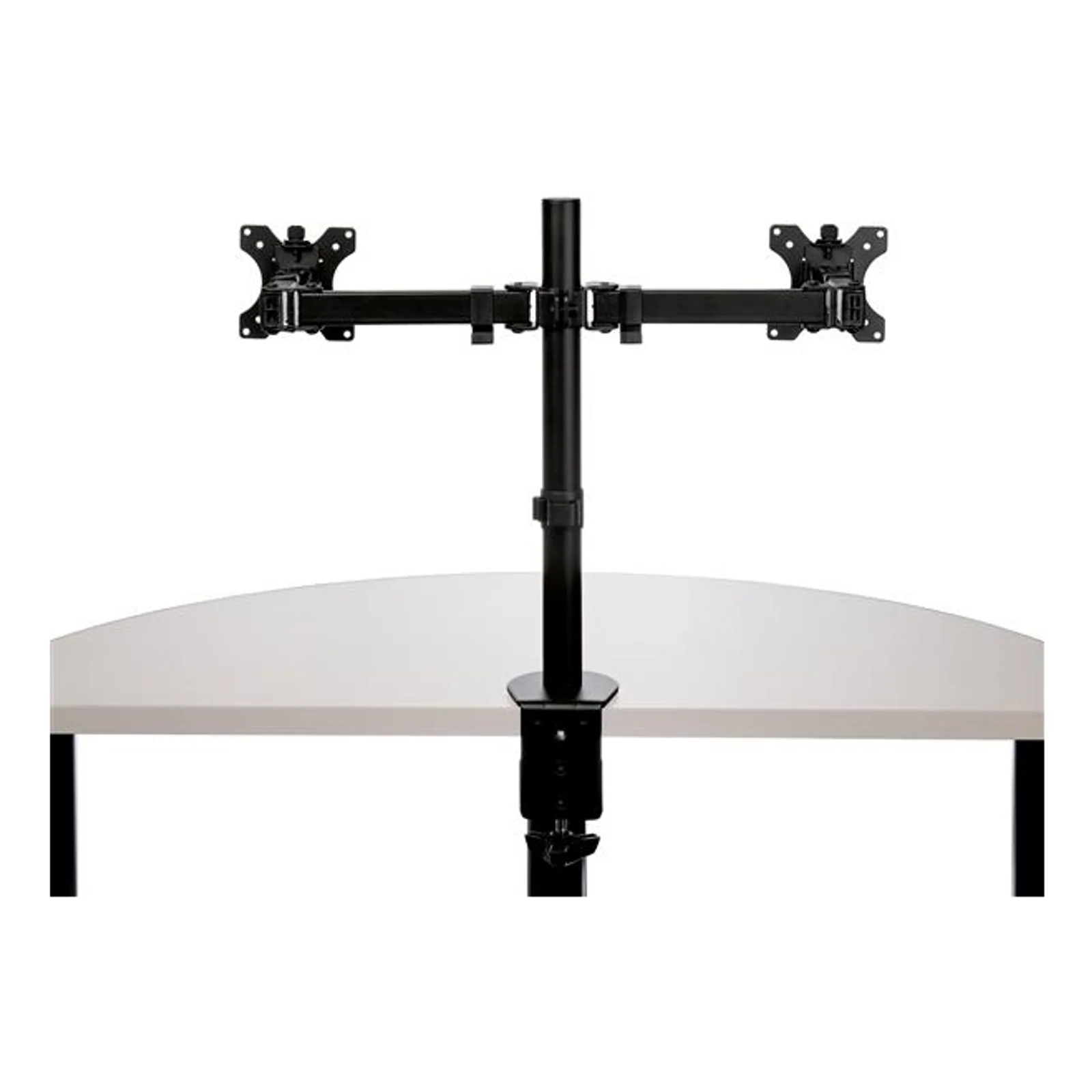 Bras double moniteur noir fixé par serre-joint sous un bureau arrondi, vue frontale montrant le poteau central et les deux têtes VESA en hauteur