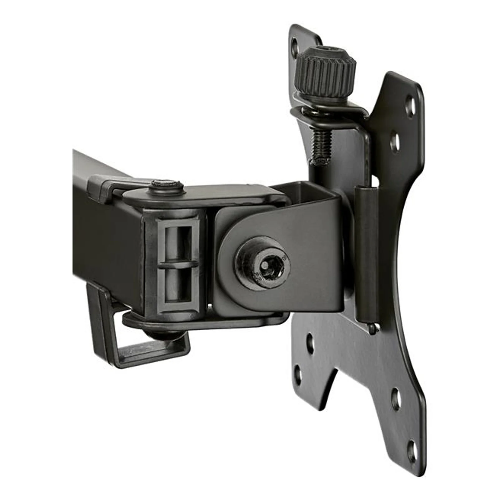 Gros plan sur la tête VESA articulée noire, avec pivot réglable par vis moletée et plaque de fixation à quatre trous