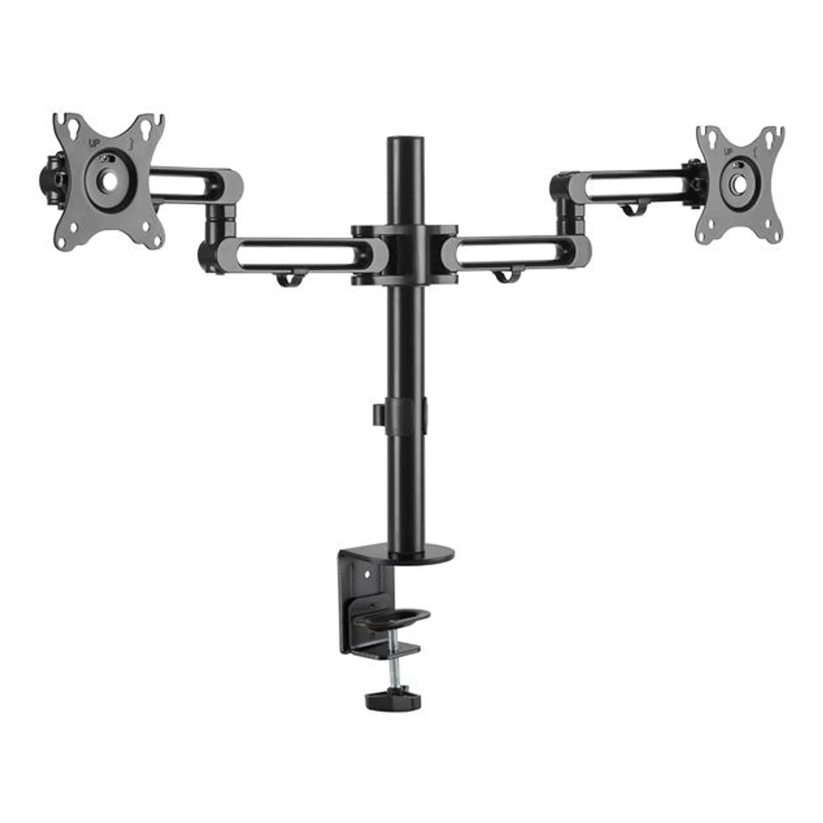 Bras double écran noir vue trois quarts opposée, colonne réglable en hauteur avec bague de blocage et pince bureau en C