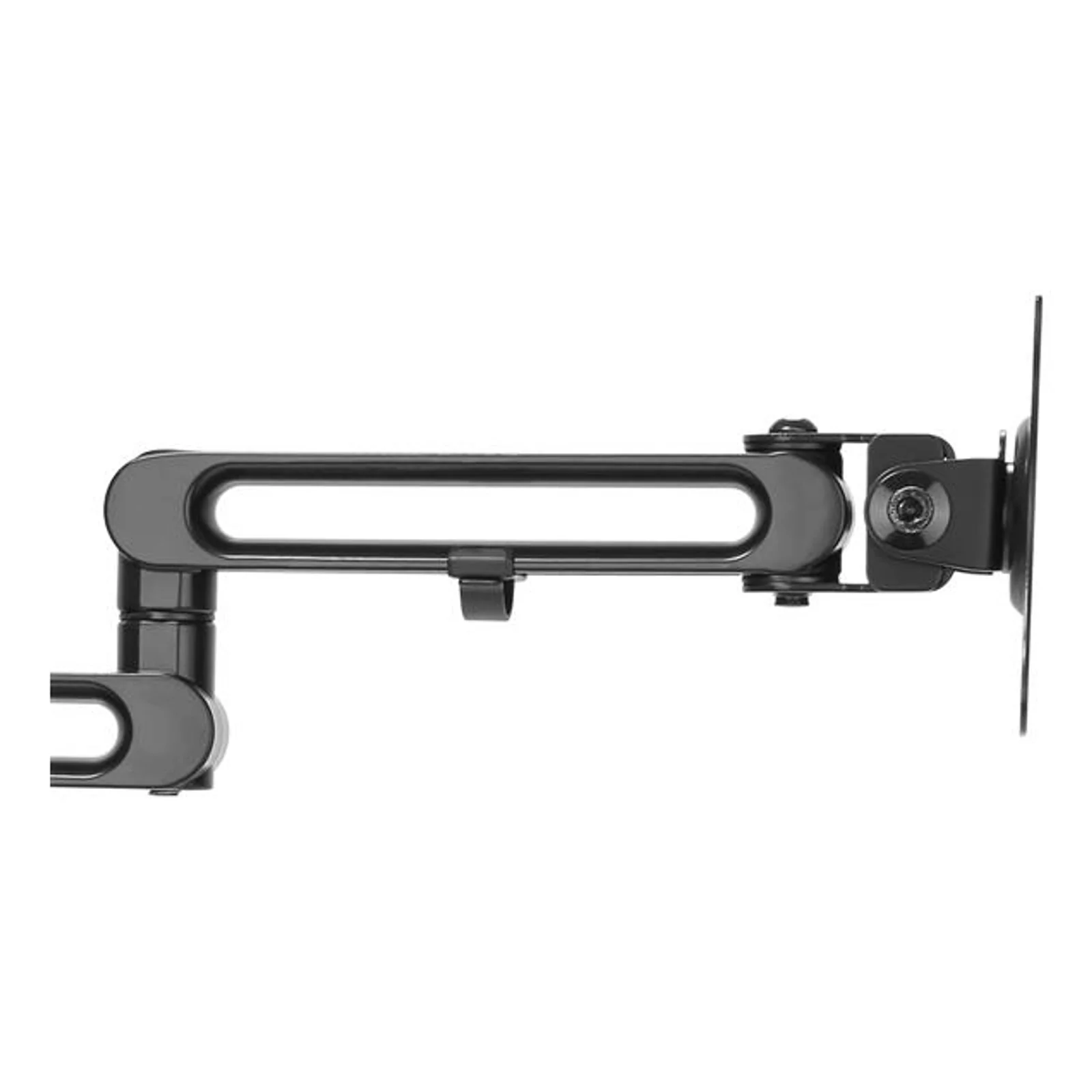 Gros plan profil d'un bras articulé noir, segment horizontal tubulaire avec passage câble central et rotule de fixation VESA