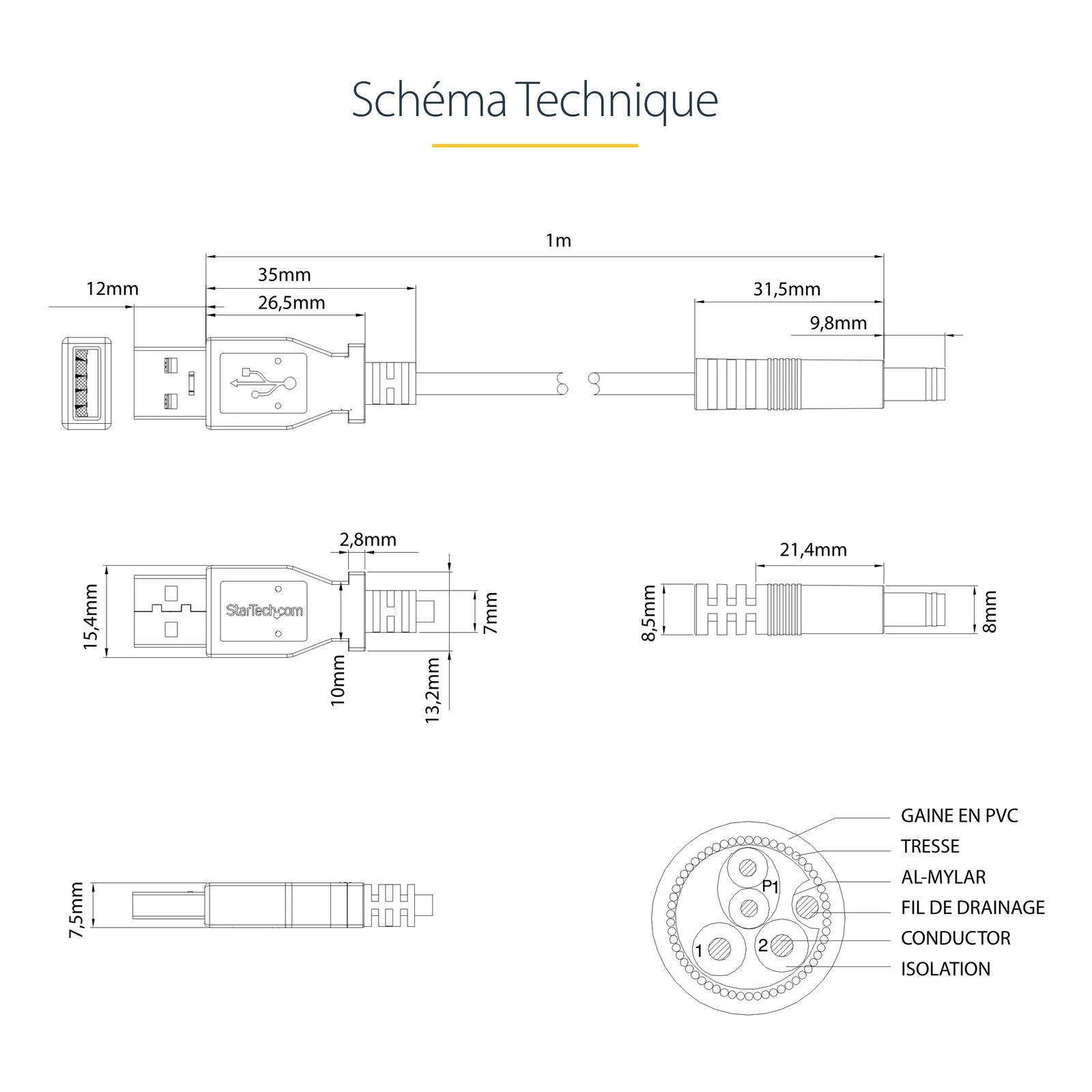 StarTech.com Câble d'alimentation USB vers connecteur annulaire de type N 5 V CC de 1 m - USB A vers V CC de 5,5 mm