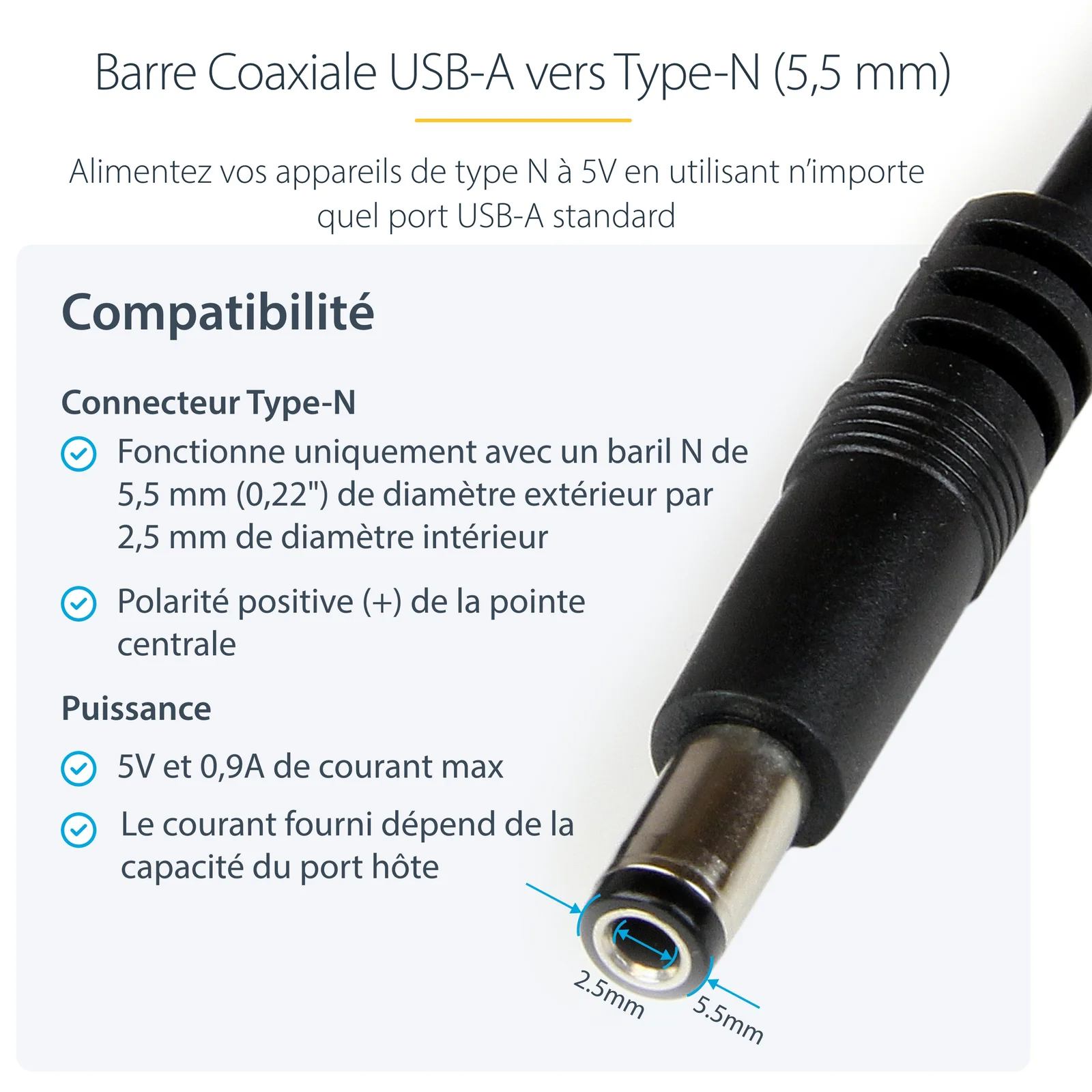 StarTech.com Câble d'alimentation USB vers connecteur annulaire de type N 5 V CC de 1 m - USB A vers V CC de 5,5 mm