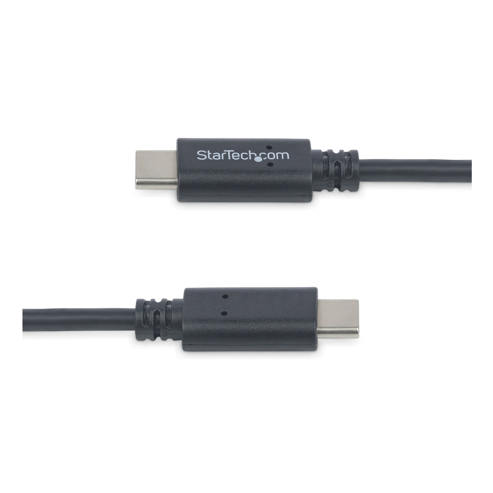 Vue rapprochée des deux connecteurs USB-C gris anthracite avec anneau de renfort tressé et logo visible sur le boîtier supérieur
