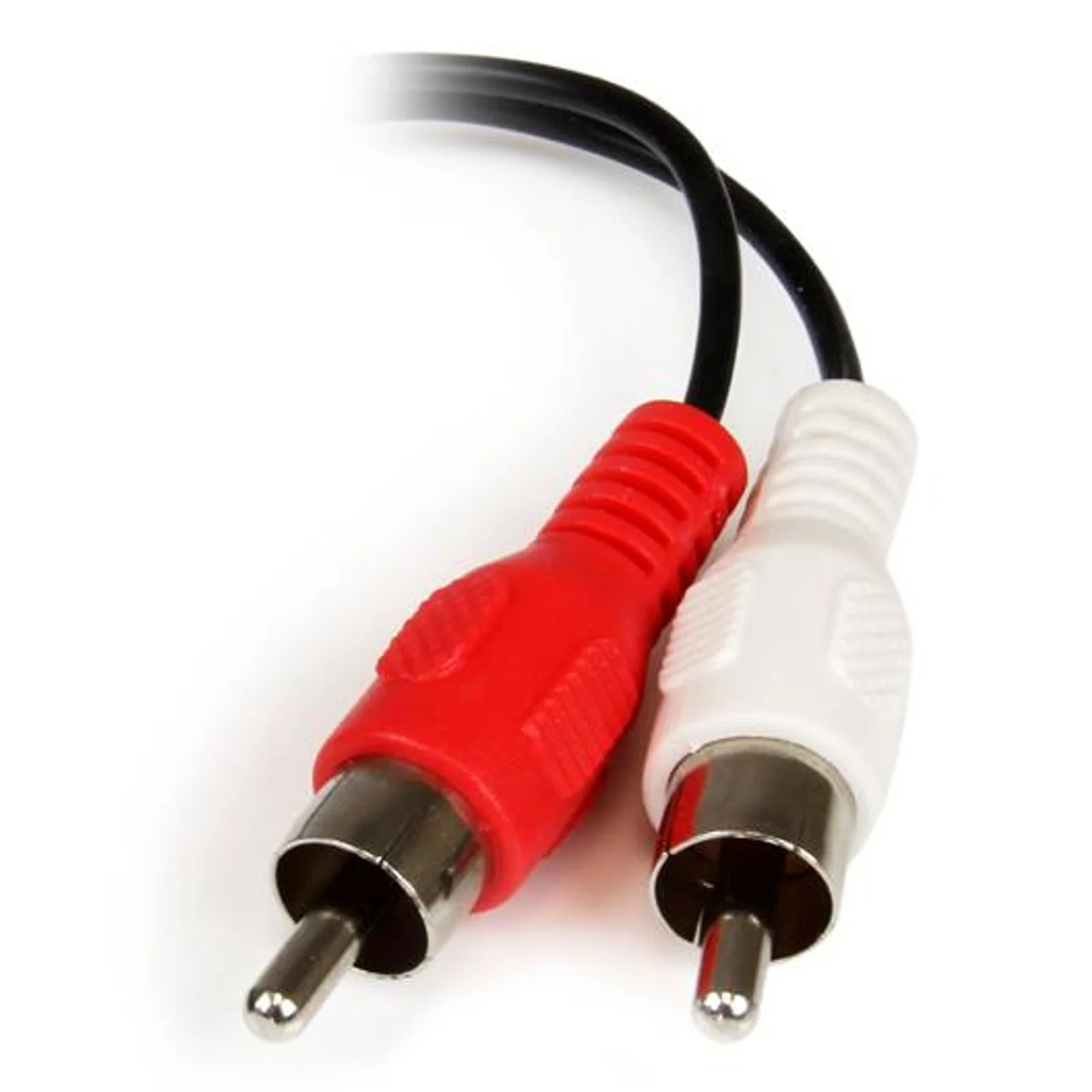 Gros plan des 2 fiches RCA mâles rouge et blanche avec broches nickel argentées
