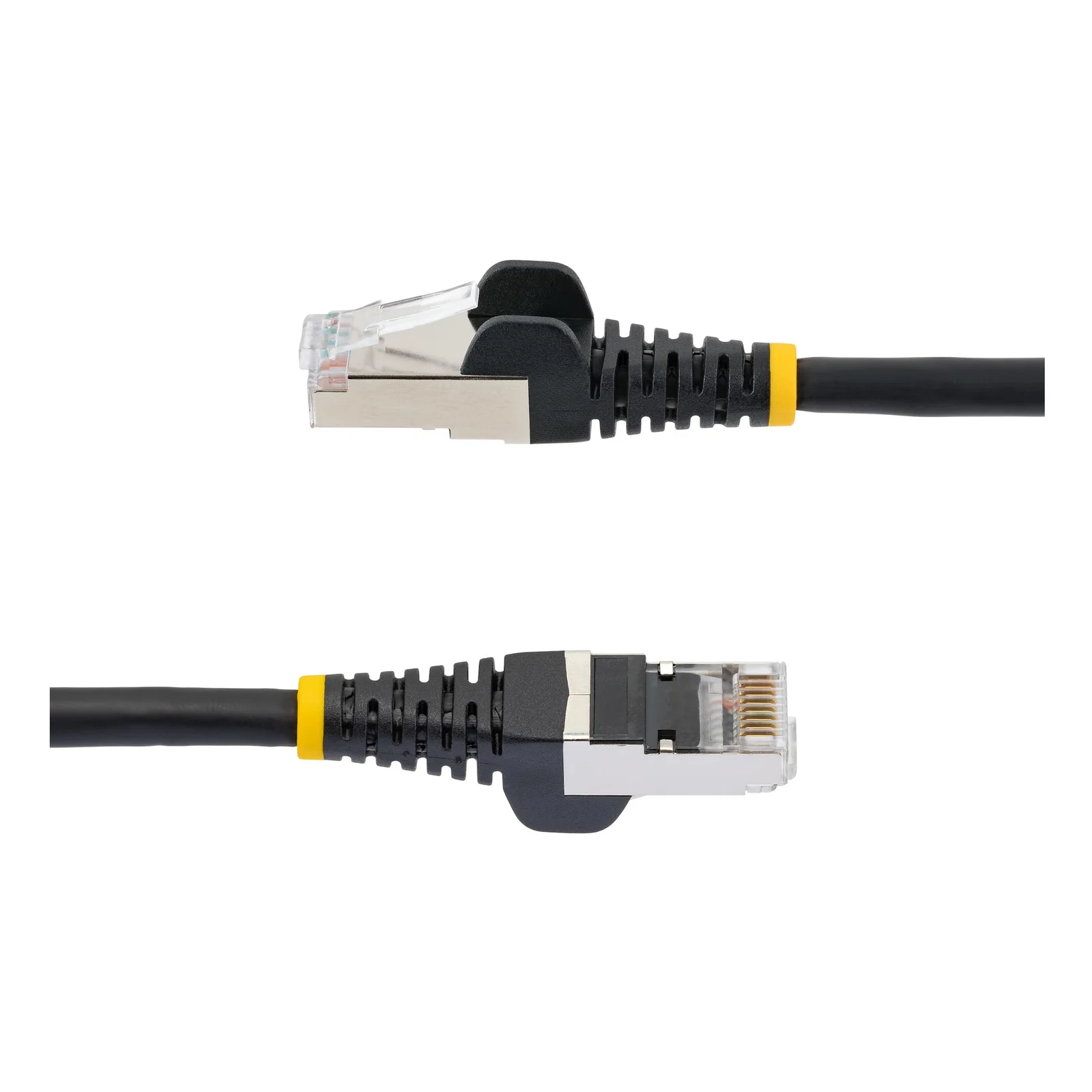 Deux connecteurs RJ45 blindés vus de côté, l'un orienté à gauche et l'autre à droite, avec bague jaune et gaine noire nervurée