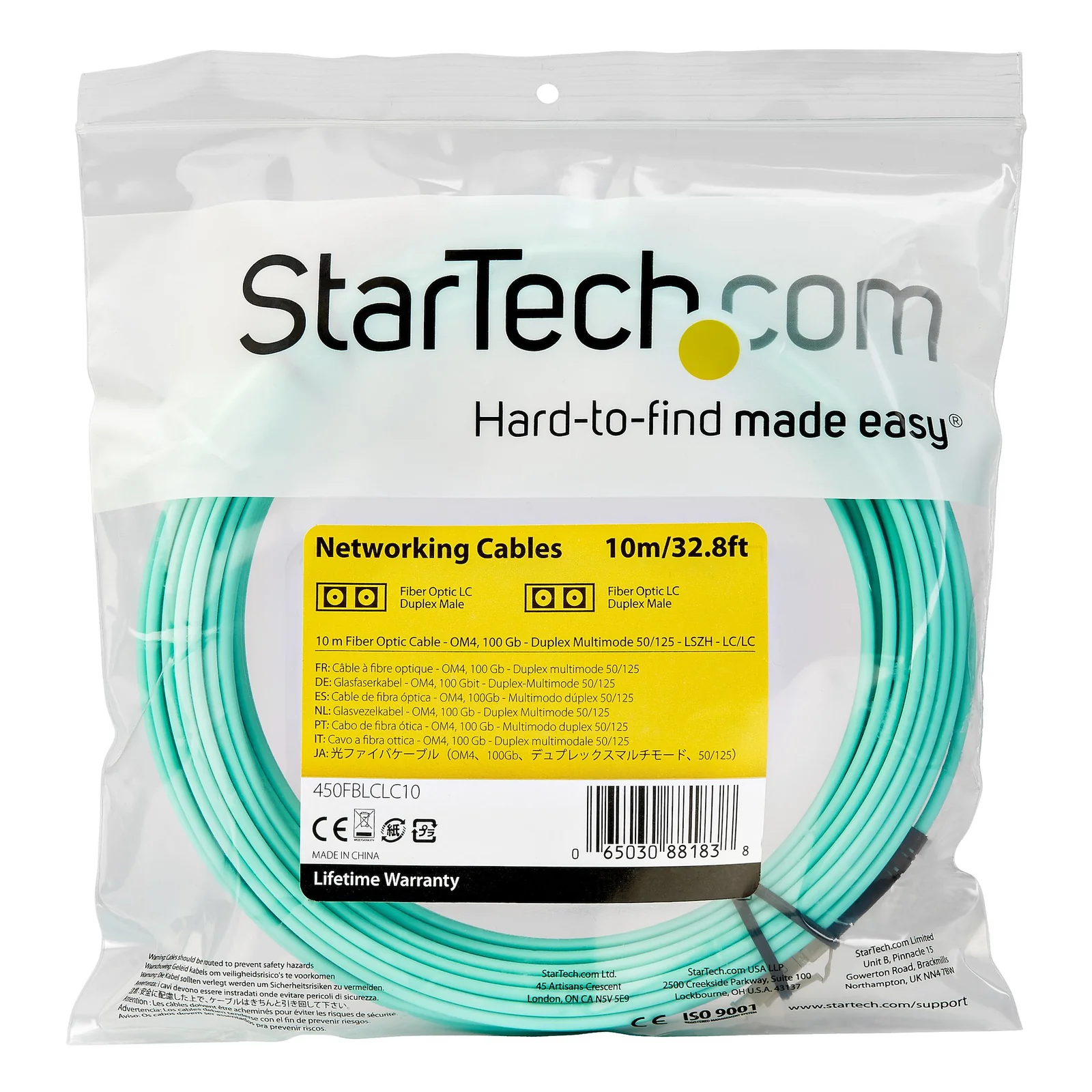 StarTech.com Câble Fibre Optique Multimode de 10m LC/UPC à LC/UPC OM4, Fibre Zipcord 50/125µm LOMMF/VCSEL, Réseaux 100G, Faible Perte d'Insertion, Cordon de Raccordement Fibre LSZH