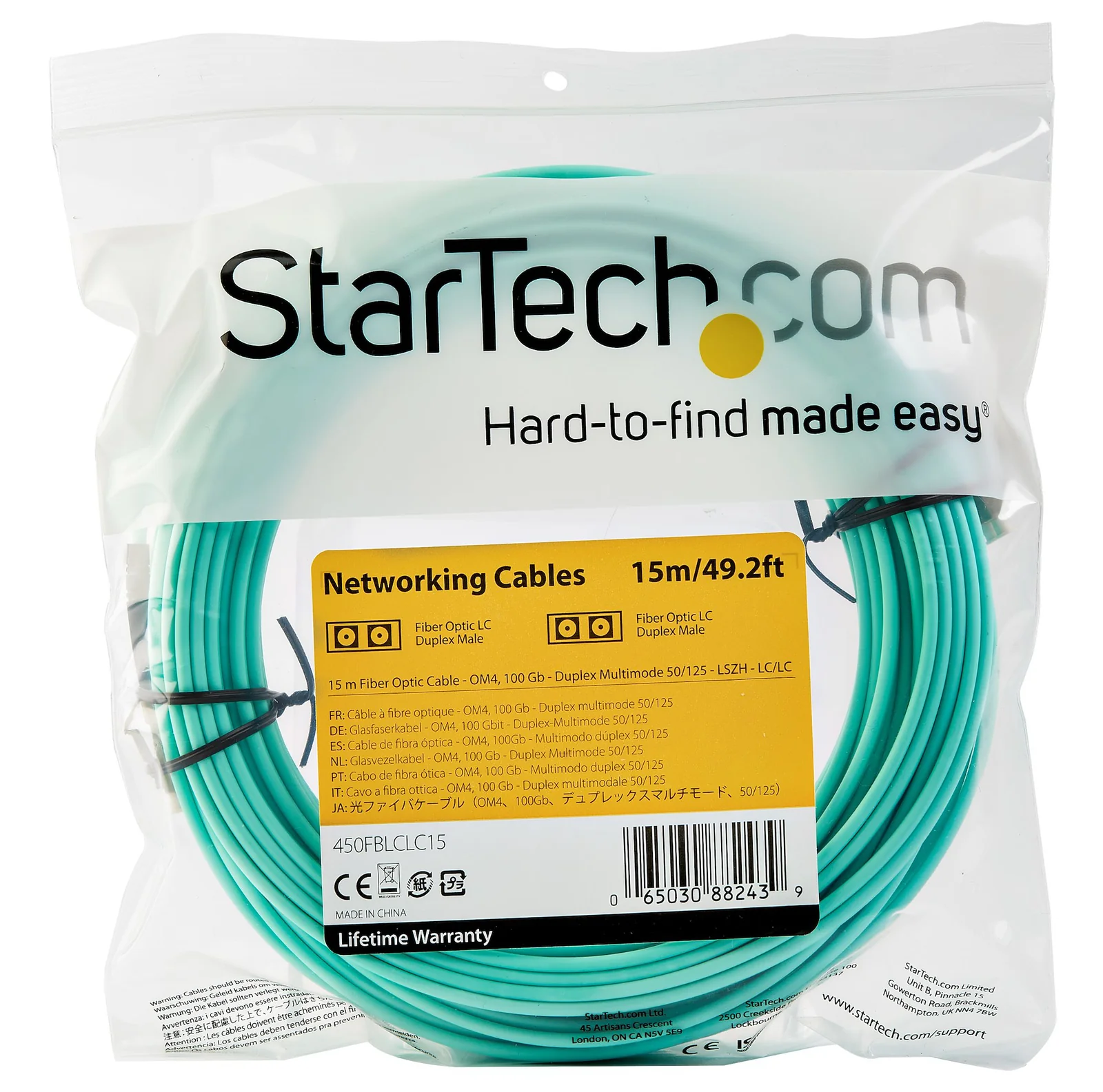 StarTech.com Câble Fibre Optique Multimode de 15m LC/UPC à LC/UPC OM4, Fibre Zipcord 50/125µm LOMMF/VCSEL, Réseaux 100G, Faible Perte d'Insertion, Cordon de Raccordement Fibre LSZH